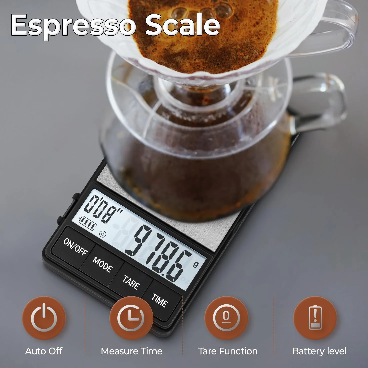 UNIWEIGH Waga do kawy 1000 g/0,1 g, z timerem, cyfrowa waga kuchenna, Barista z wyświetlaczem LCD (w zestawie baterie)