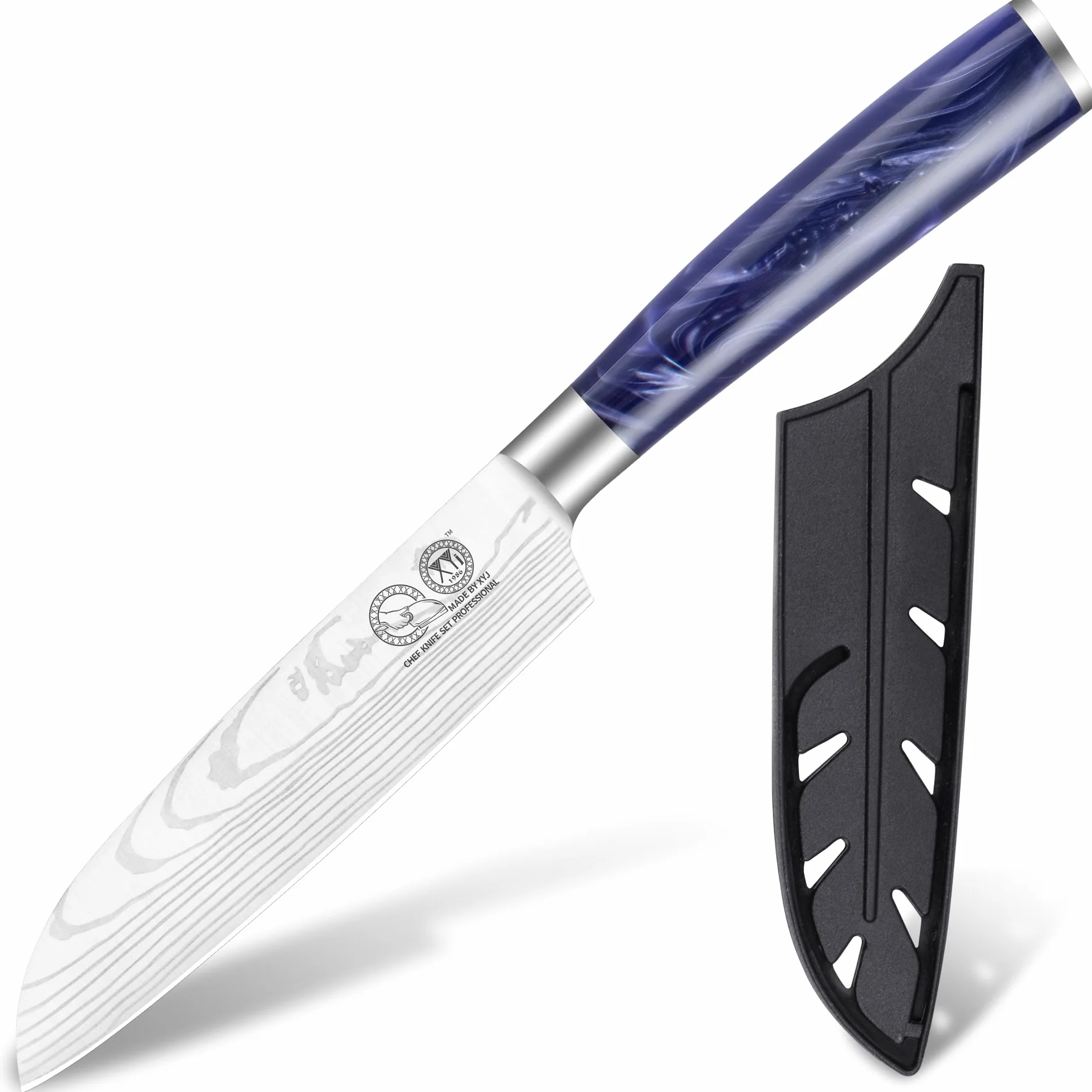 XYJ Professional Kitchen Knife,Stainless Steel Japanese Santoku Knife 5 Inch,Laser Damacus Pattern,Cleaver,Meat Knife for Kitchen Outdoor Camping BBQ,Knife With Cover