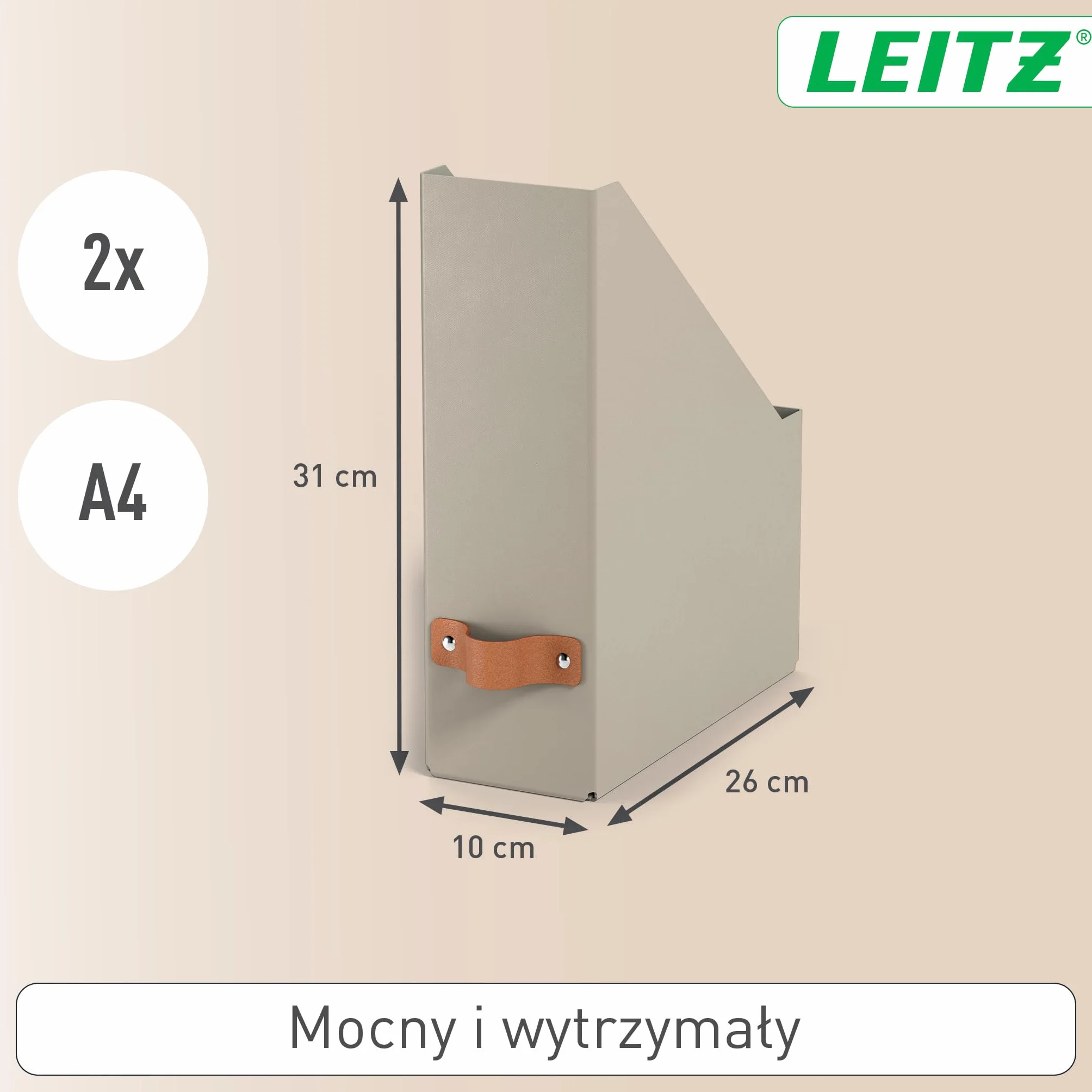 Organizer na Dokumenty Leitz Puro – Zestaw 2x Stojak na Gazety A4, Kompatybilnych z Regałami Modułowymi i Półkami, Pomieści 900 Arkuszy (80 g/m²), 10 x 26 x 31 cm, Beżowy