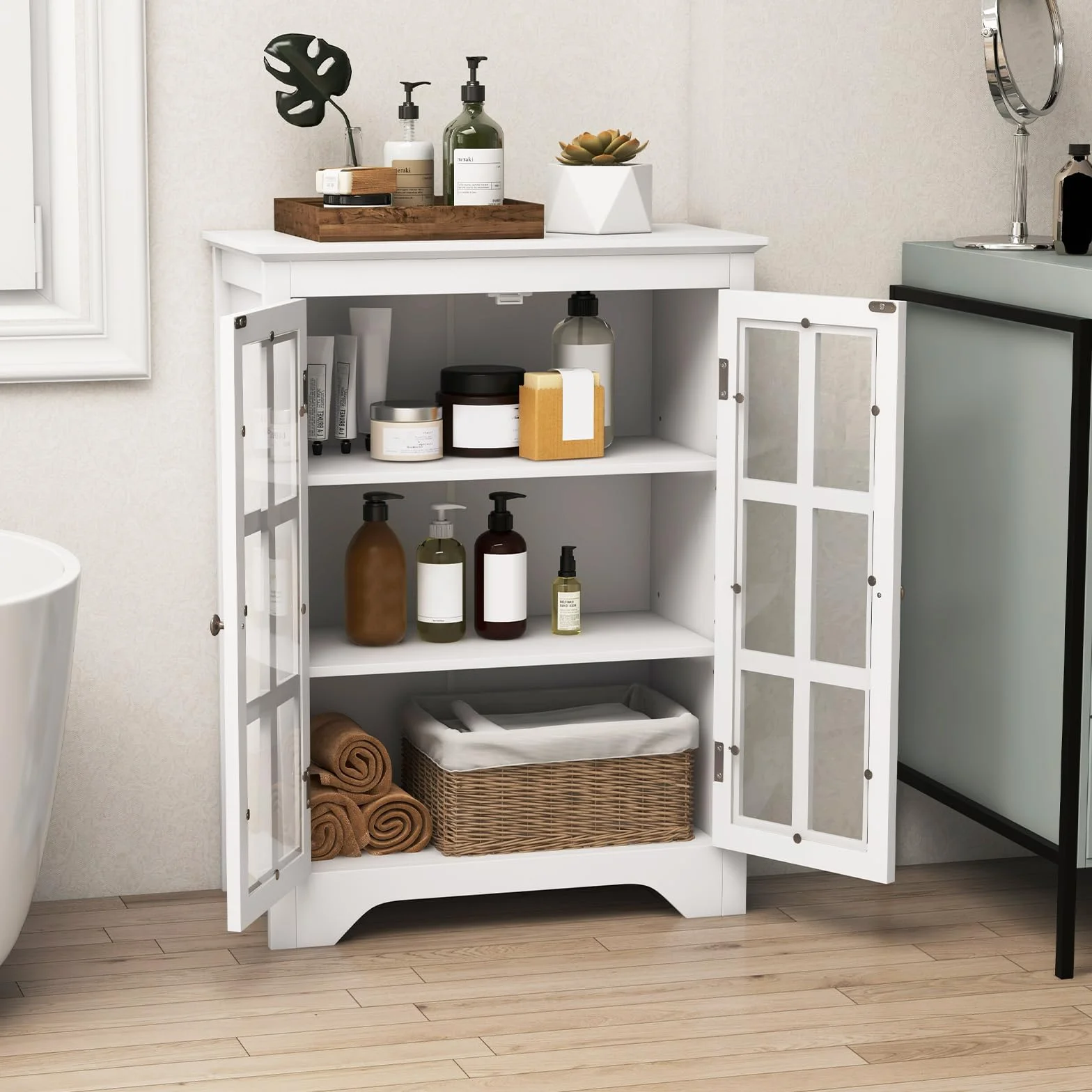 Szafka szklana biała 60x30x80 cm z regulowanymi półkami KOMFOTTEU