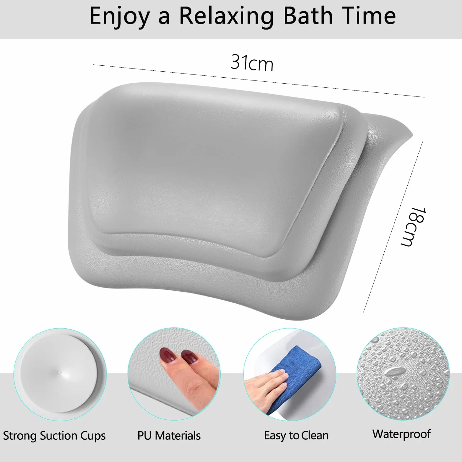 Poduszka łazienkowa wodoodporny ergonomiczny zagłówek 3D antypoślizgowa spa wsparcia szyi pleców (szara)
