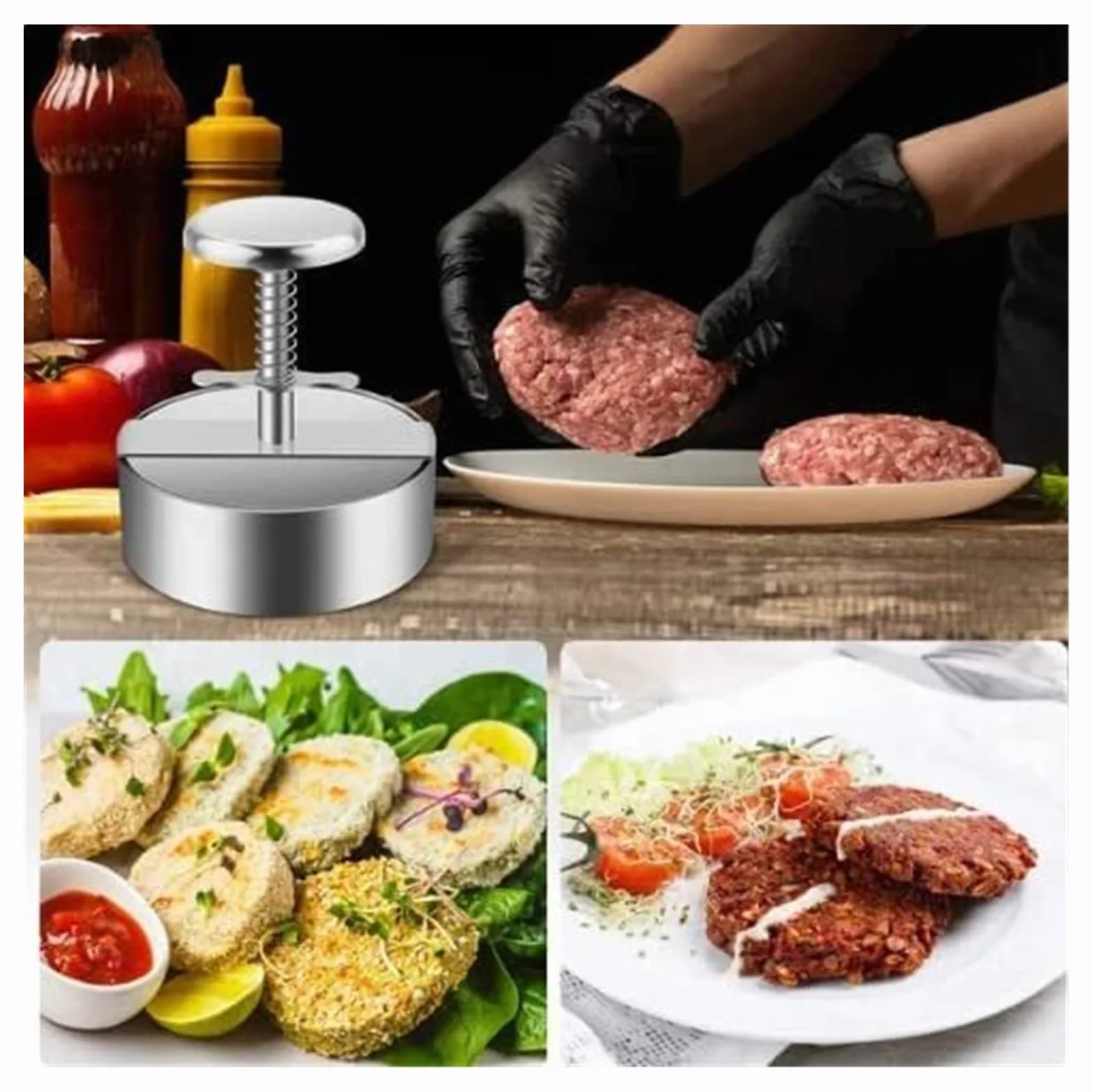 Maszynka do hamburgerów z papierem do pieczenia ciasta – ręczna prasa do mięsa i suwak, foremki do pieczenia ciasta hamburgerowego, nieprzywierająca stal nierdzewna do doskonałych hamburgerów