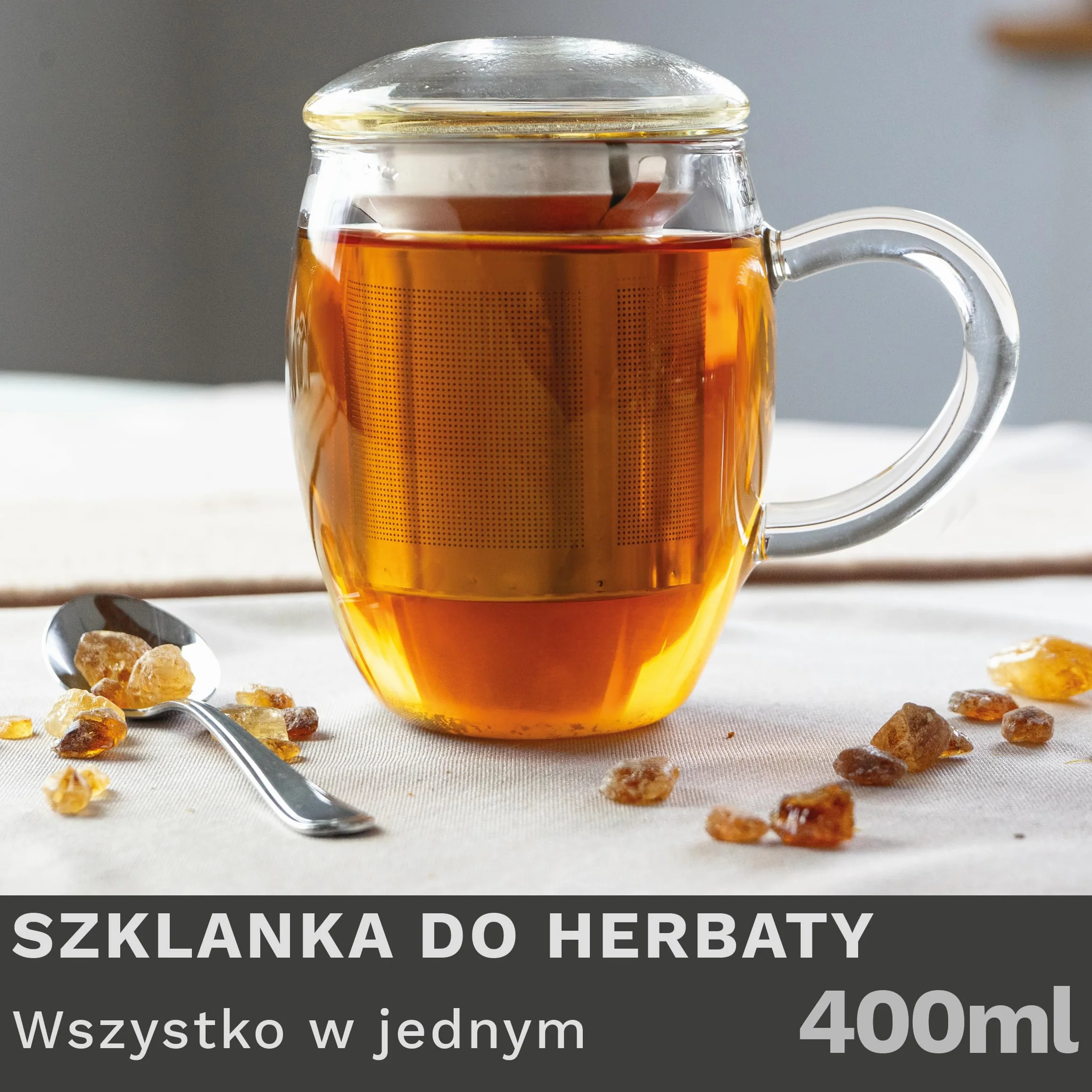 Creano Szklanka do herbaty all in one 400 ml, duża filiżanka do herbaty z sitkiem ze stali nierdzewnej i pokrywką ze szkła, zaparzacz do herbaty w atrakcyjnym opakowaniu prezentowym (1 x 400 ml)