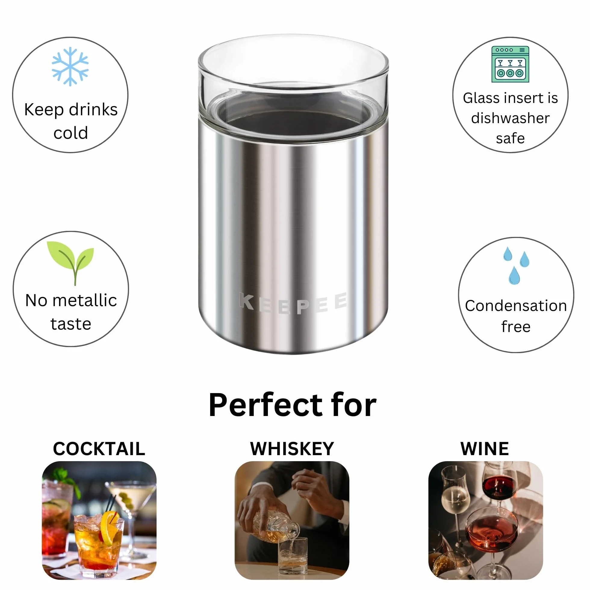 Szklanki do whisky zestaw 2 szt. – izolowany próżniowo kubek ze zdejmowaną szklaną wkładką – izolowany kieliszek koktajlowy – staromodny kieliszek do lowball do margarity, burbona, wina, 295 ml