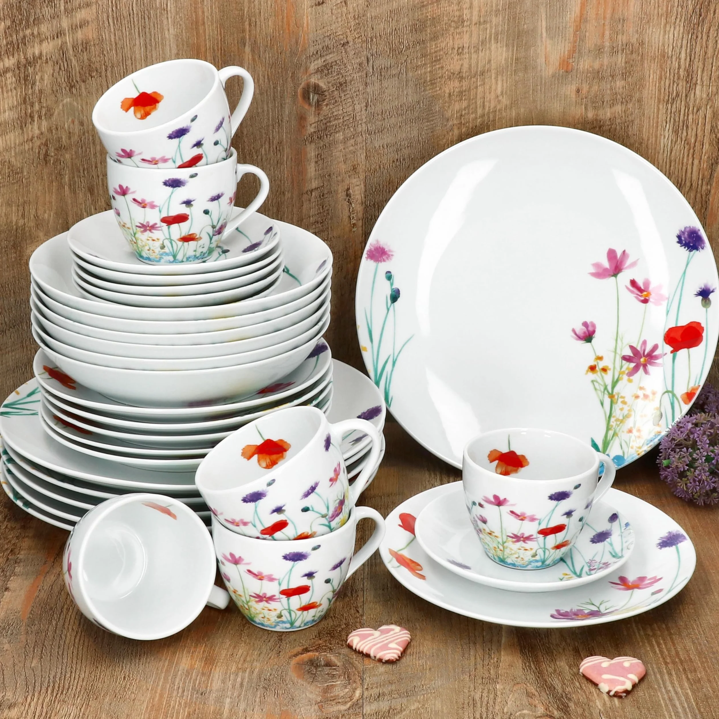MamboCat Marie 30-częściowy serwis obiadowy, porcelanowy zestaw naczyń z dekoracją łąki kwiatowej dla 6 osób, po 6 filiżanek, spodków, talerzy do ciasta i zupy