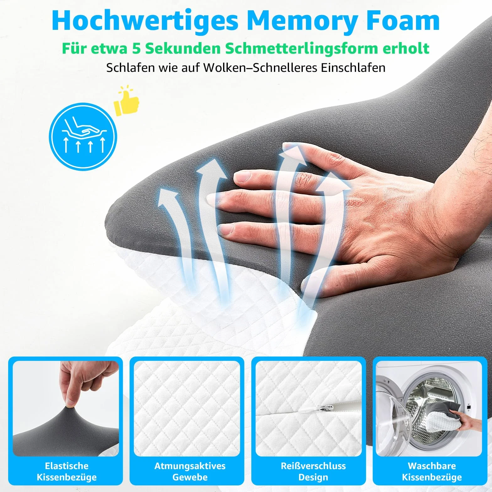 BRO Poduszka podpierająca kark, z pianki z pamięcią kształtu, ergonomiczna poduszka pod głowę, dla osób śpiących na boku, plecach i brzuchu, na bóle karku, 60 x 40 x 13 cm