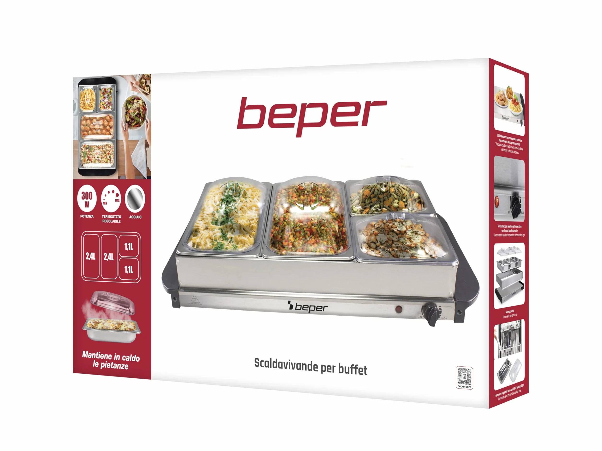 BEPER P101TEM002 Podgrzewacz bufetowy, podgrzewacz do żywności, 4 wyjmowane tace + podstawa płyty grzejnej, regulowany termostat i uchwyty termoizolacyjne, nadaje się do mycia w zmywarce, idealny na