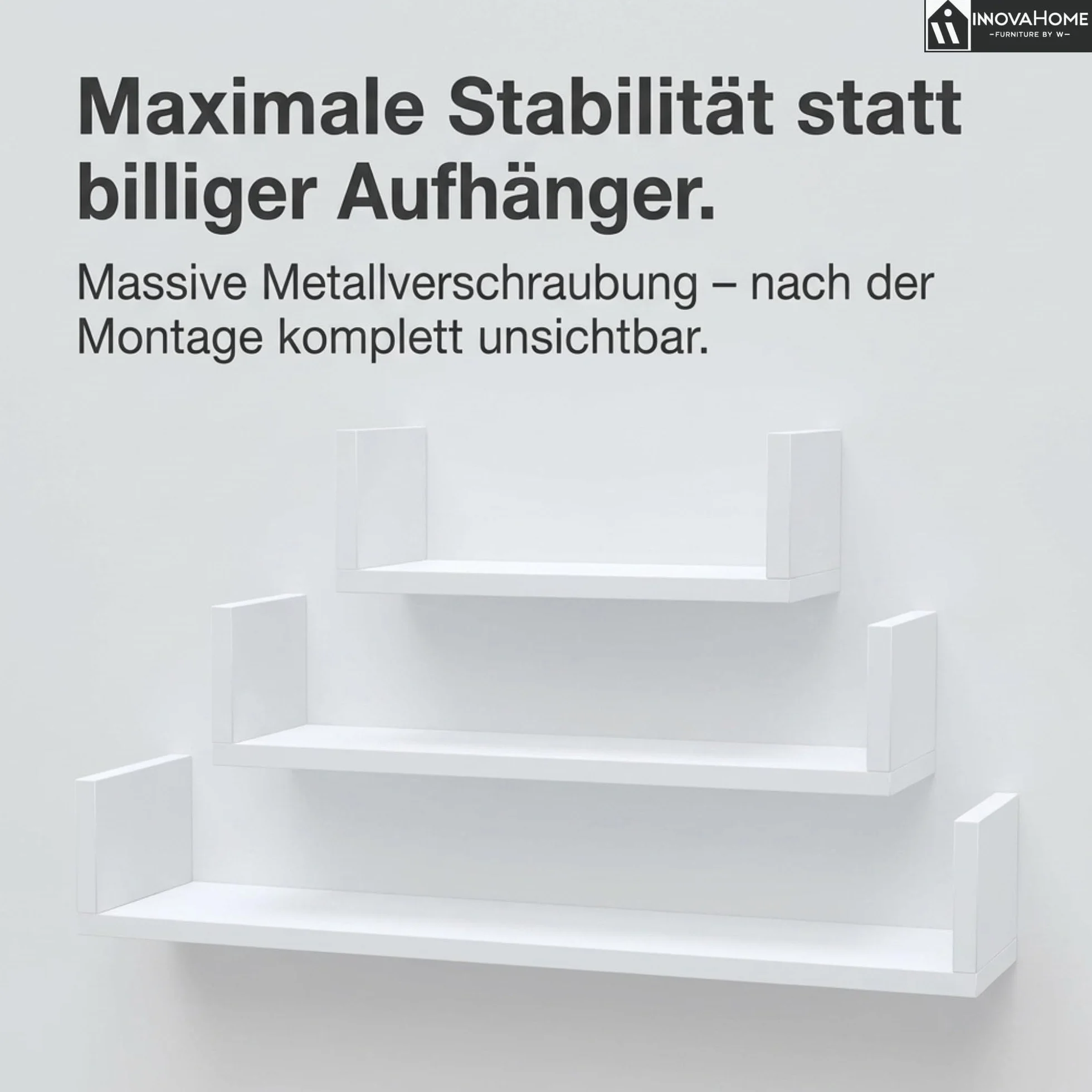 INNOVAHOME Regał ścienny, biały, zestaw 3 sztuk (80/60/40 cm) – regał wiszący w kształcie litery U, płyta 18 mm, niewidoczny montaż, półka ścienna i regał na książki do salonu