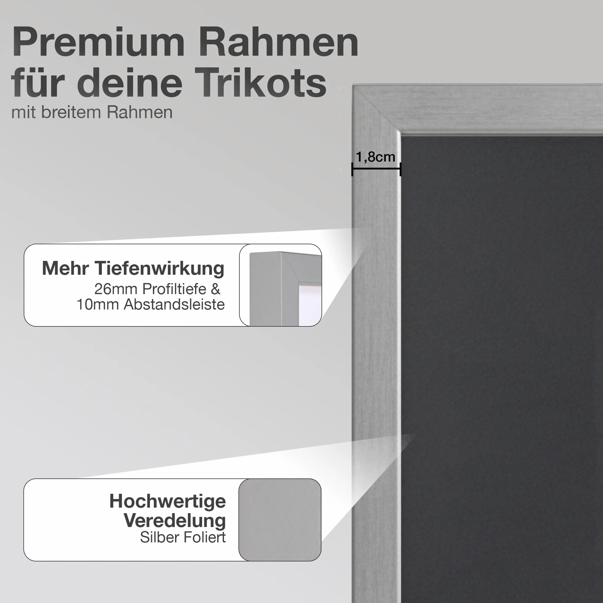 Ramka na koszulkę z litego drewna Srebrna 70x90 cm - Made in Germany - Witryna na koszulkę z czarnym tłem i szeroką ramą - Głęboka ramka na zdjęcia - Duża ramka do wypełniania