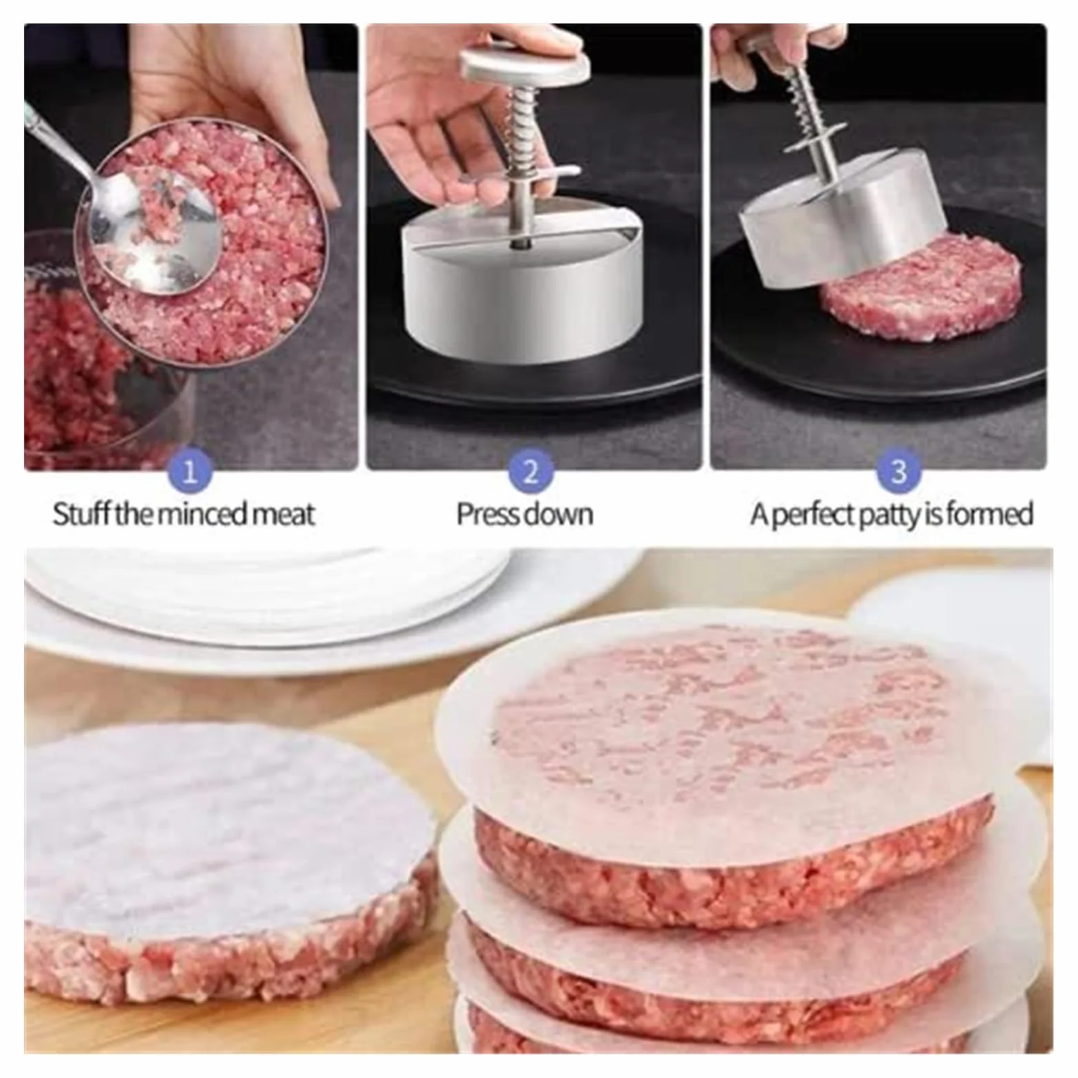 Maszynka do hamburgerów z papierem do pieczenia ciasta – ręczna prasa do mięsa i suwak, foremki do pieczenia ciasta hamburgerowego, nieprzywierająca stal nierdzewna do doskonałych hamburgerów