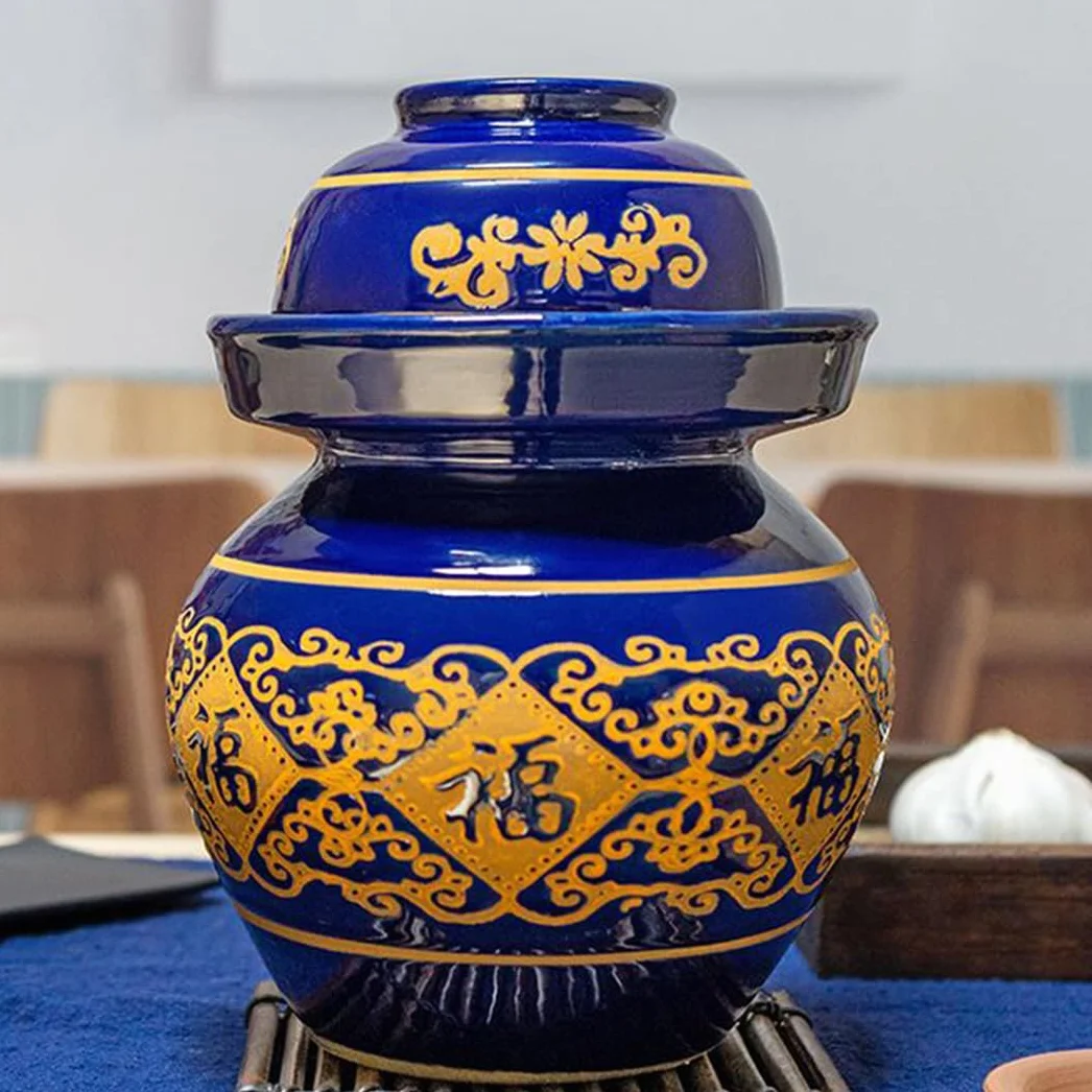 Duży ceramiczny słoik na marynaty z pokrywkami, niebieski tradycyjny porcelanowy słoik do marynowania, ceramiczny garnek fermentacyjny z uszczelką wodną pokrywką śluzy powietrznej, garnek z