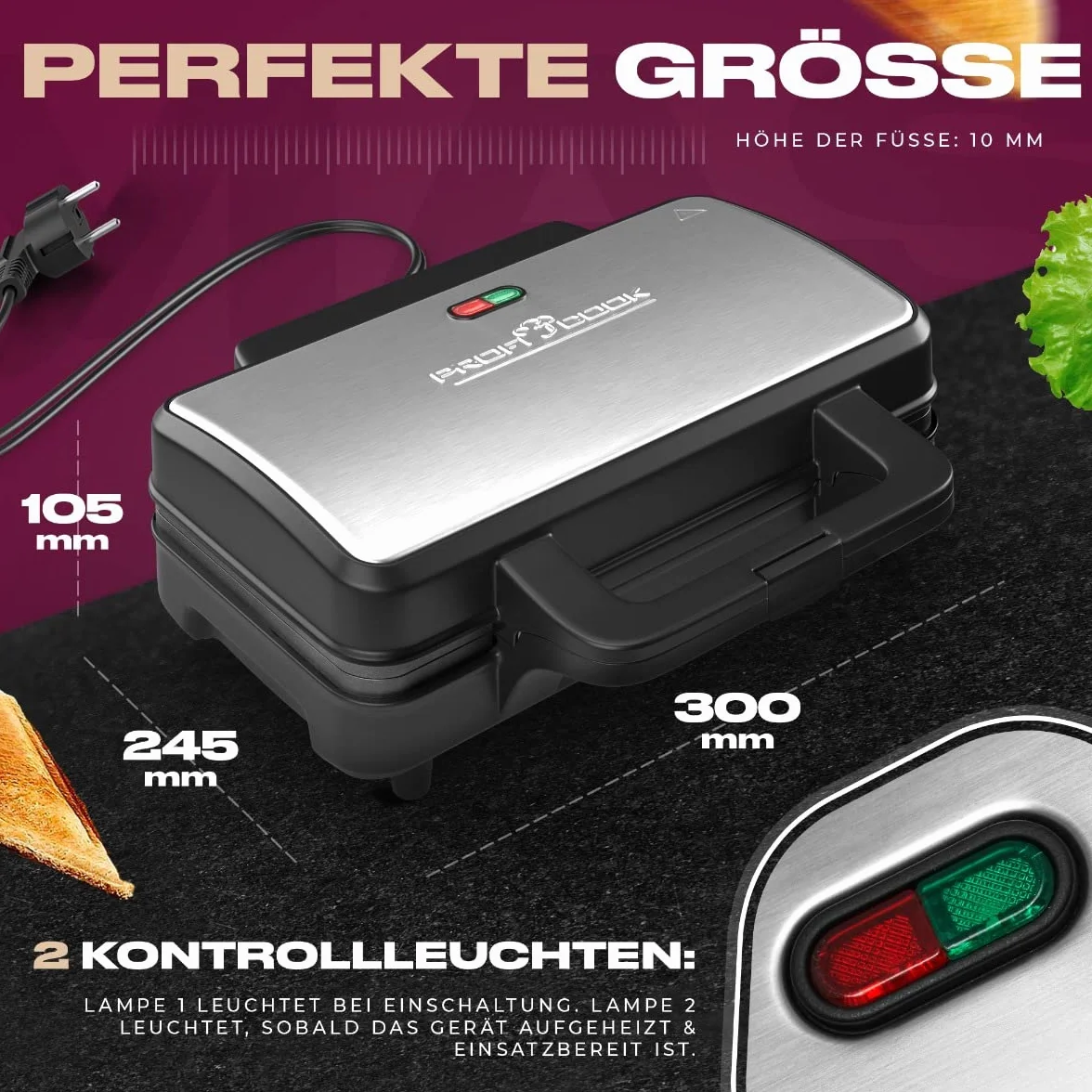 Opiekacz do kanapek - do bardzo dużych tostów i/lub plasterków amerykańskich XXL - Kolor srebrny i czarny PC-TA 1092