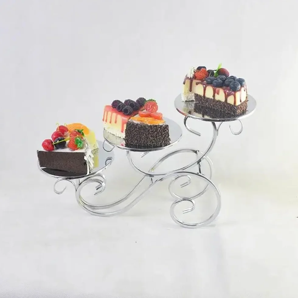 Wielofunkcyjny stojak na tort, trzy poziomy, metalowy stojak na desery, babeczki, wesele, imprezę, naczynia, stojak na desery (kolor srebrny)