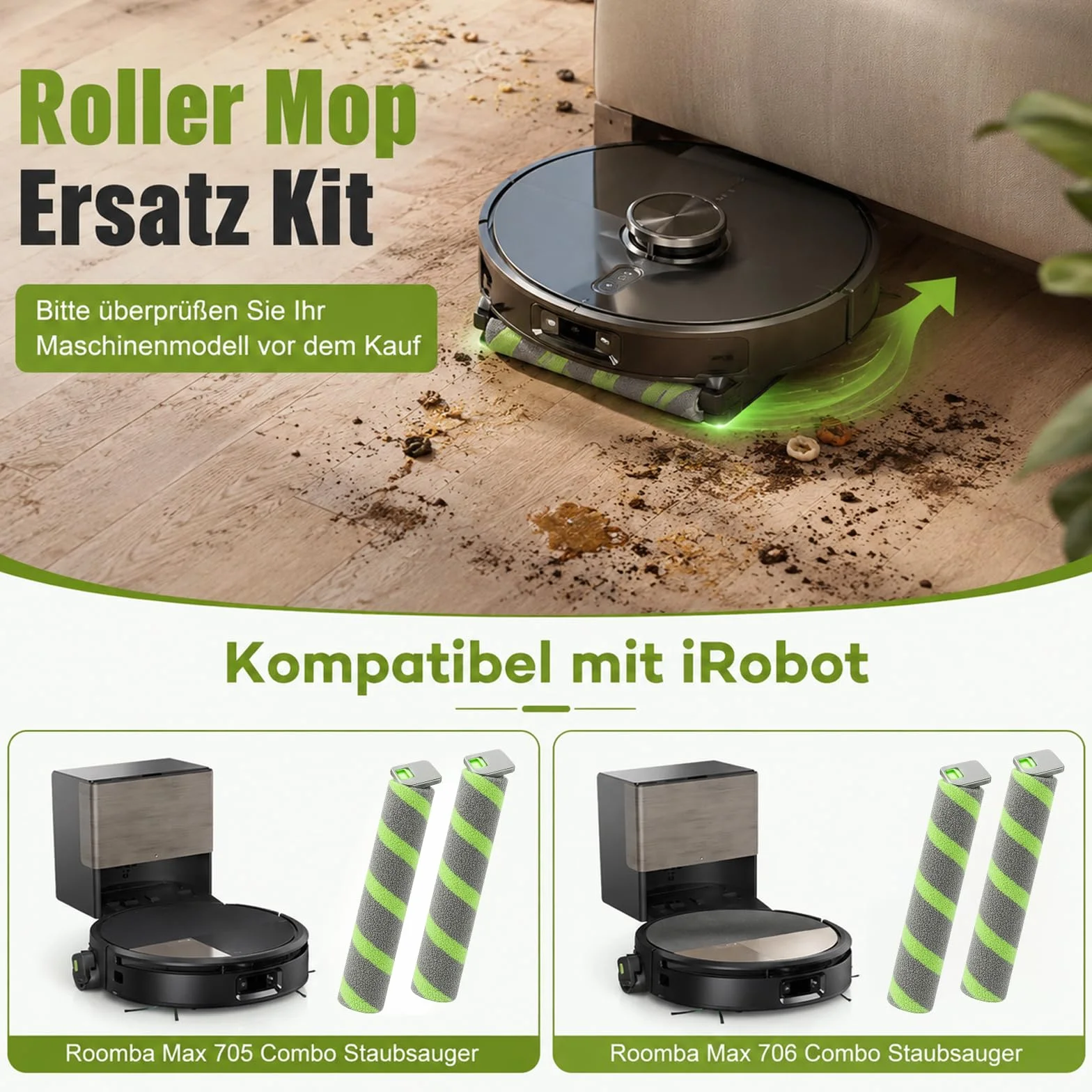 Zestaw 2 wymiennych rolek mopa kompatybilny z iRobot Roomba Max 705/706 Combo, zmywalna ściereczka do czyszczenia rolek z mikrofibry, rolki czyszczące i akcesoria do odkurzacza robota