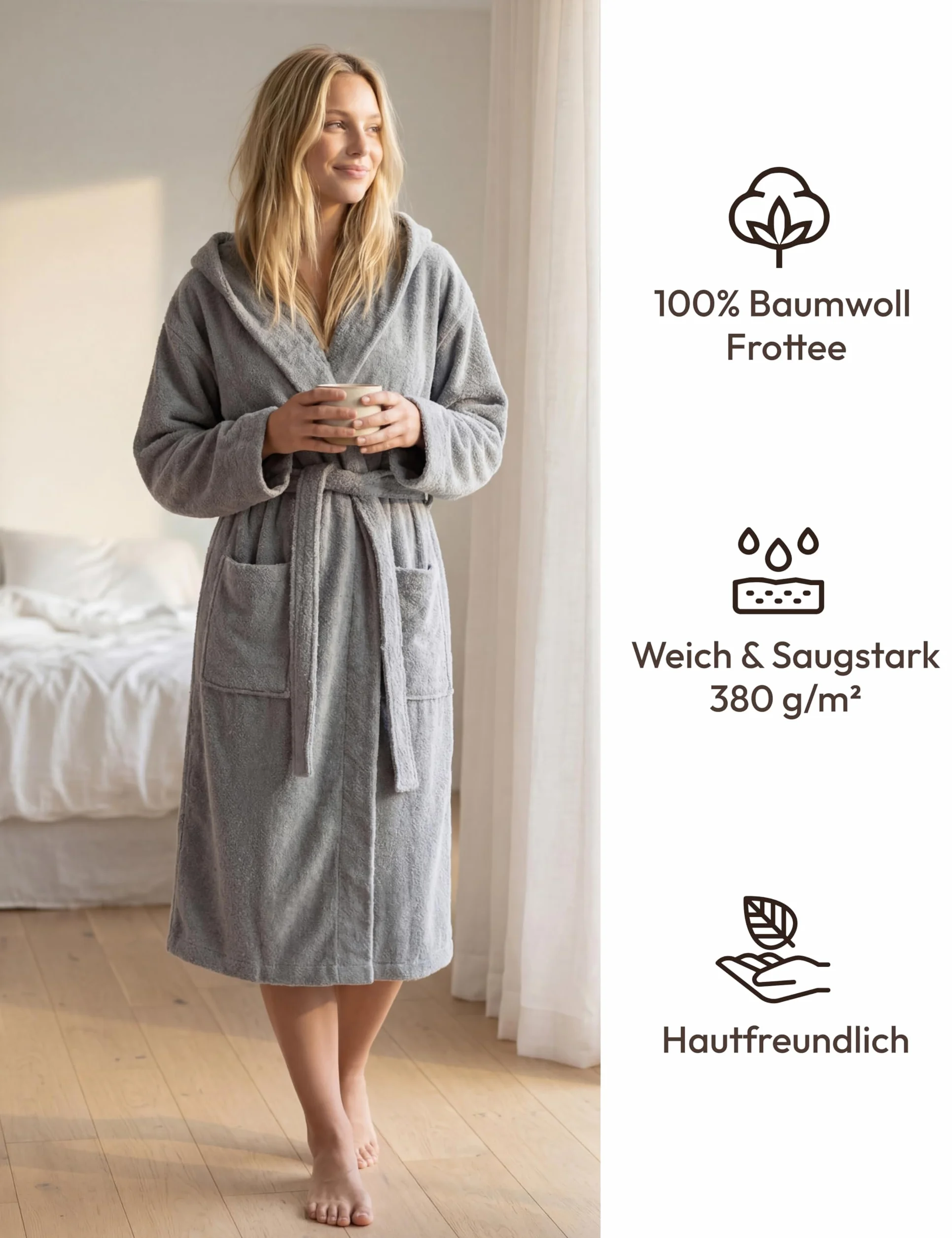 Szlafrok Damski z Kapturem 100% Bawełna Frotte 380 g/m² – Długość do Łydki, Rozmiary S–XXL