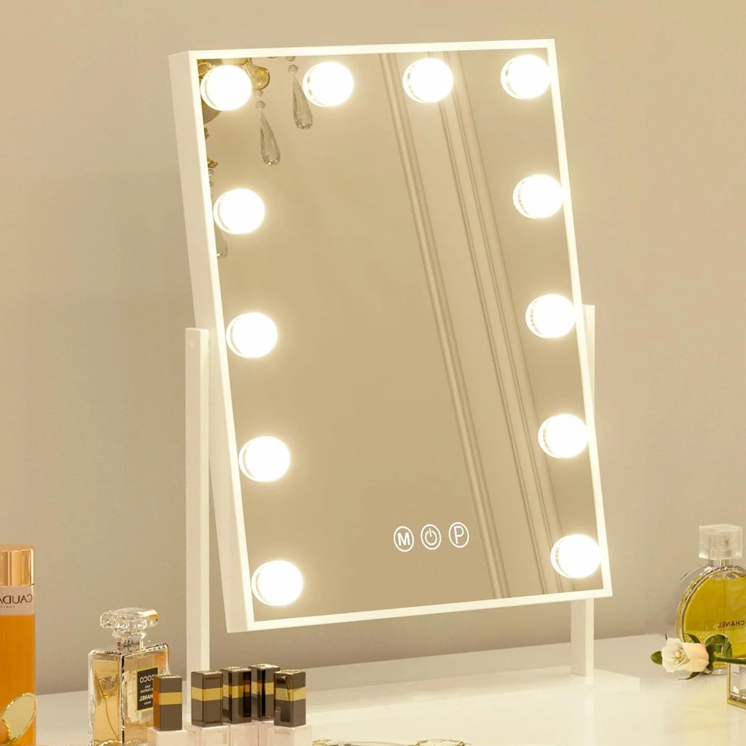 FENCHILIN Hollywood Lustro do makijażu z oświetleniem, 12 ściemnianych lamp LED, obracane o 360°, lusterko kosmetyczne z 3 kolorami światła, 10-krotne powiększenie, dotykowe sterowanie, białe, 30 x 41
