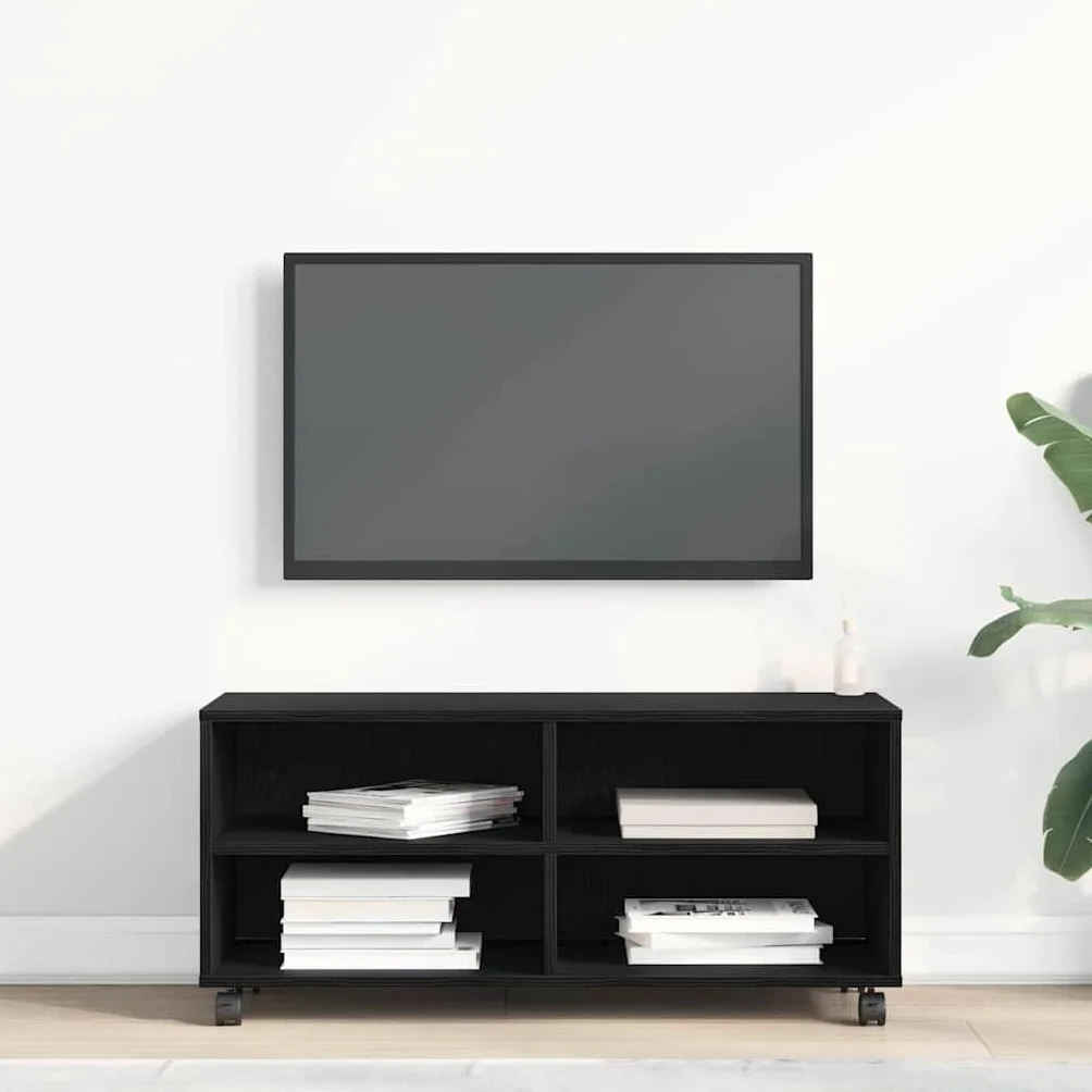 Szafka pod telewizor czarna, 90 x 35 x 40,5 cm, materiał drewnopochodny, nowoczesne wzornictwo, uniwersalna podstawka pod telewizor, oszczędzająca miejsce konsola medialna do salonu