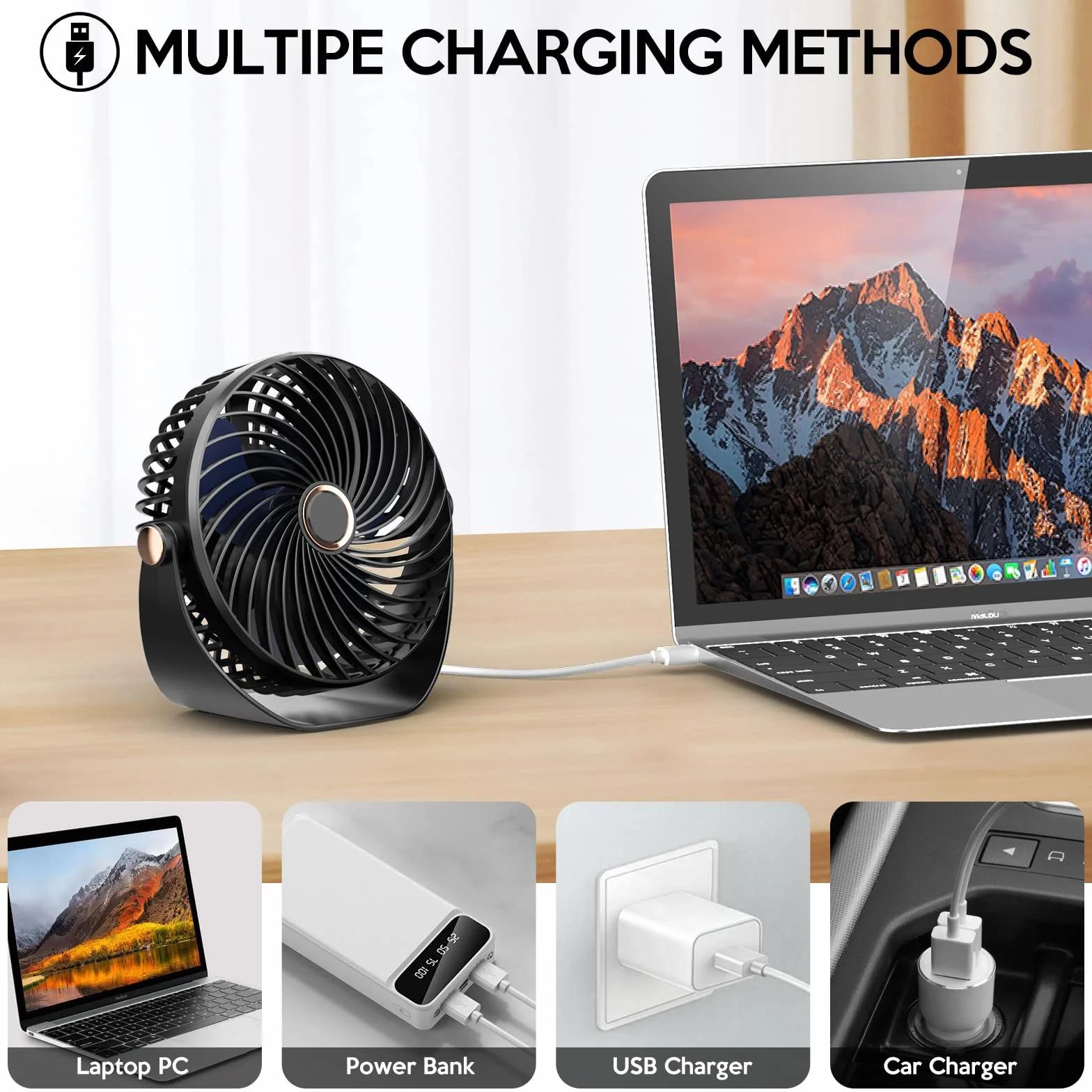 KICLBD M93 Mini wentylator z 5 prędkościami, silny przepływ powietrza, chłodzenie, przenośny i bardzo cichy, obracana o 360° głowica, ładowanie USB, do domu, biura, sypialni, biblioteki, czarny