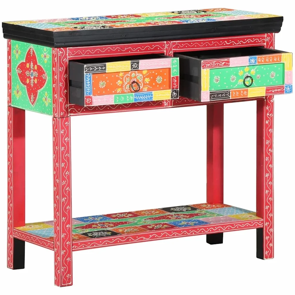 Hothingwell Wielokolorowa konsola boho 80 cm, z litego drewna akacjowego i drewna inżynieryjnego, kolorowy design do salonu lub sypialni, przestronny blat i solidna konstrukcja, przechowywanie