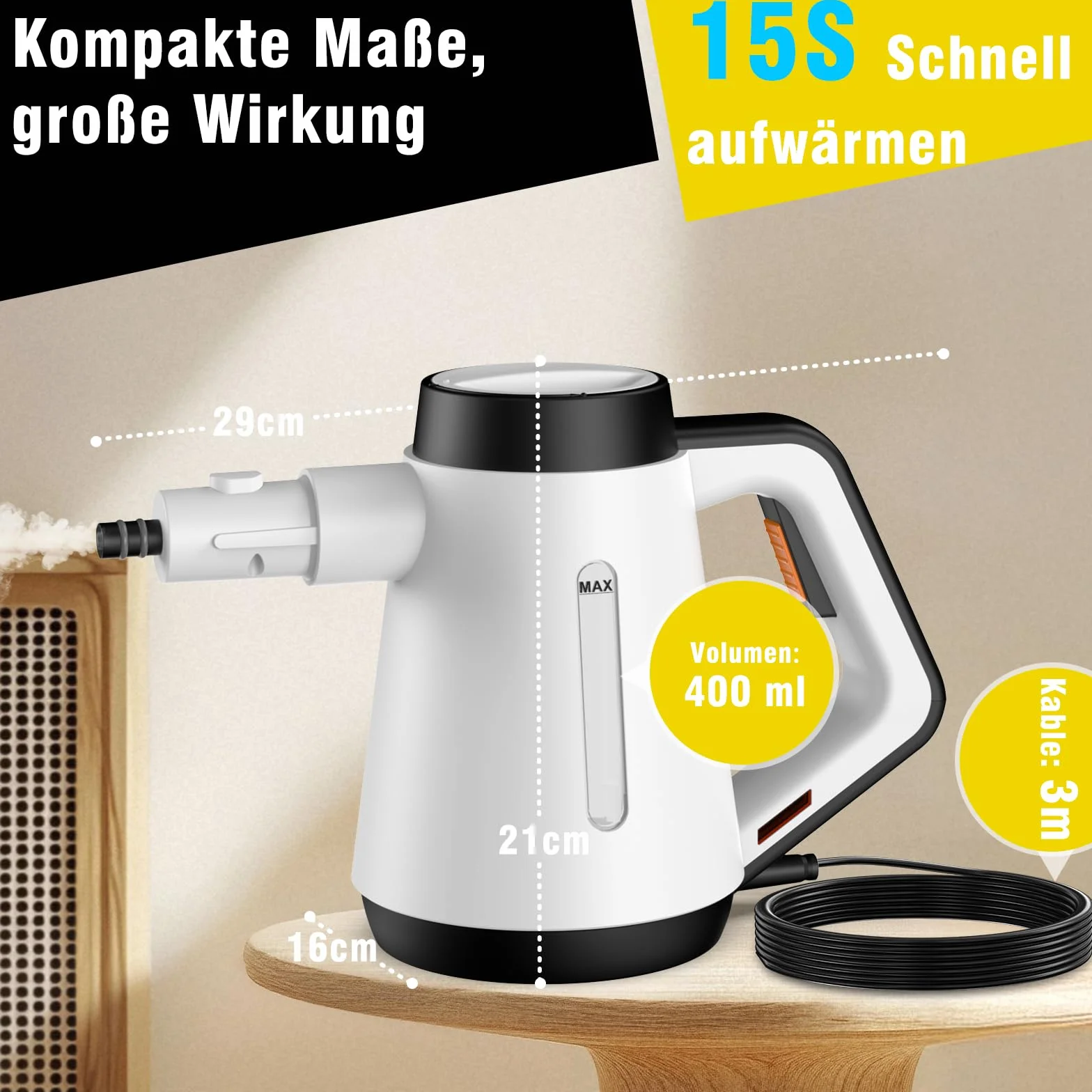 Fippesax Handdampfreiniger, 400 ml Druck-Mehrzweckdampfreiniger mit 9-teiligem Zubehör, chemikalienfreier Dampfreiniger für den Heimgebrauch, Reinigung von Böden, Fliesen, Fenstern, Sofas (Weiß)