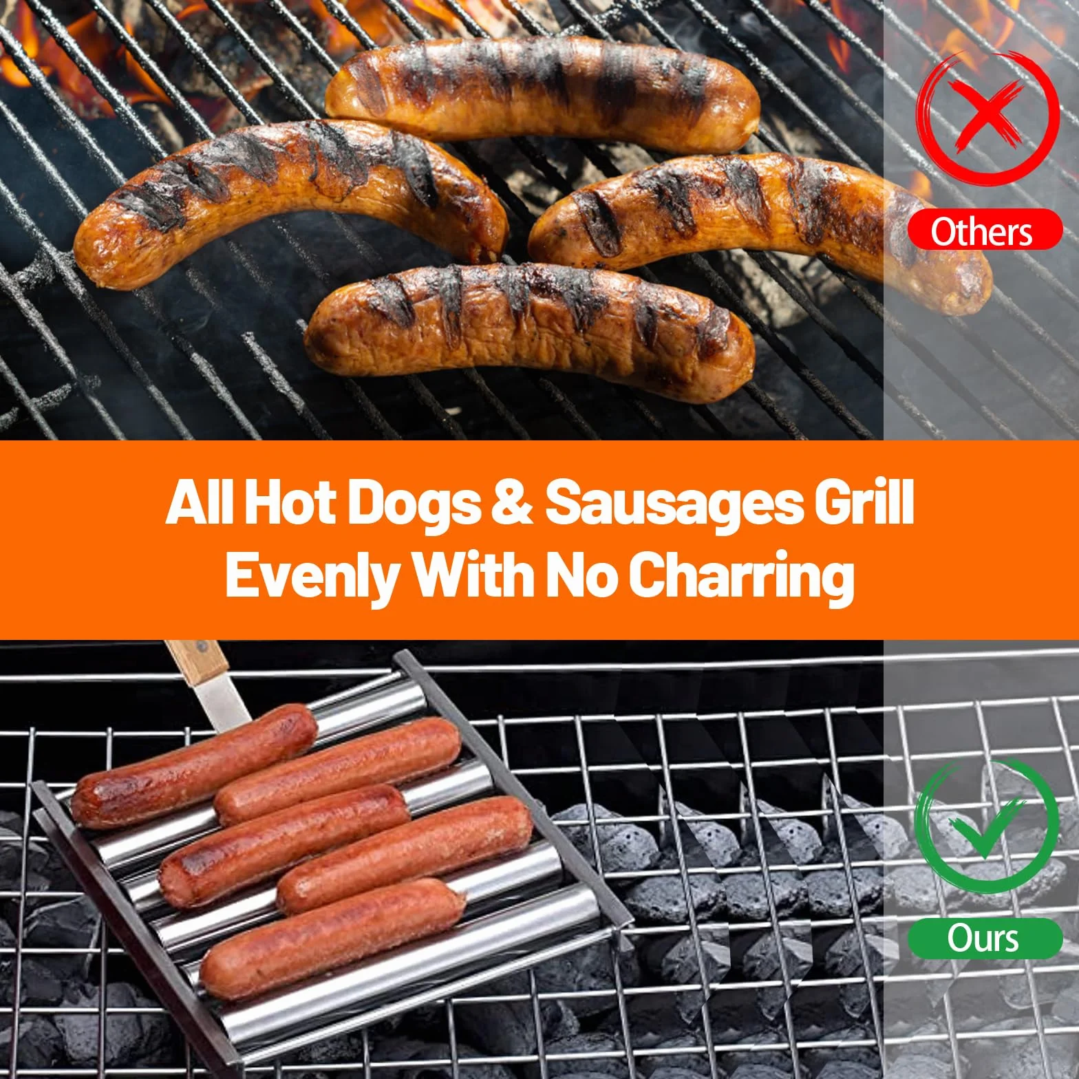 Grill rolkowy do hot dogów, grill do kiełbasy, 5 hot dogów, 6-rolkowy podgrzewacz z uchwytem, stojak rolkowy do kiełbasy ze stali nierdzewnej (1 zestaw)