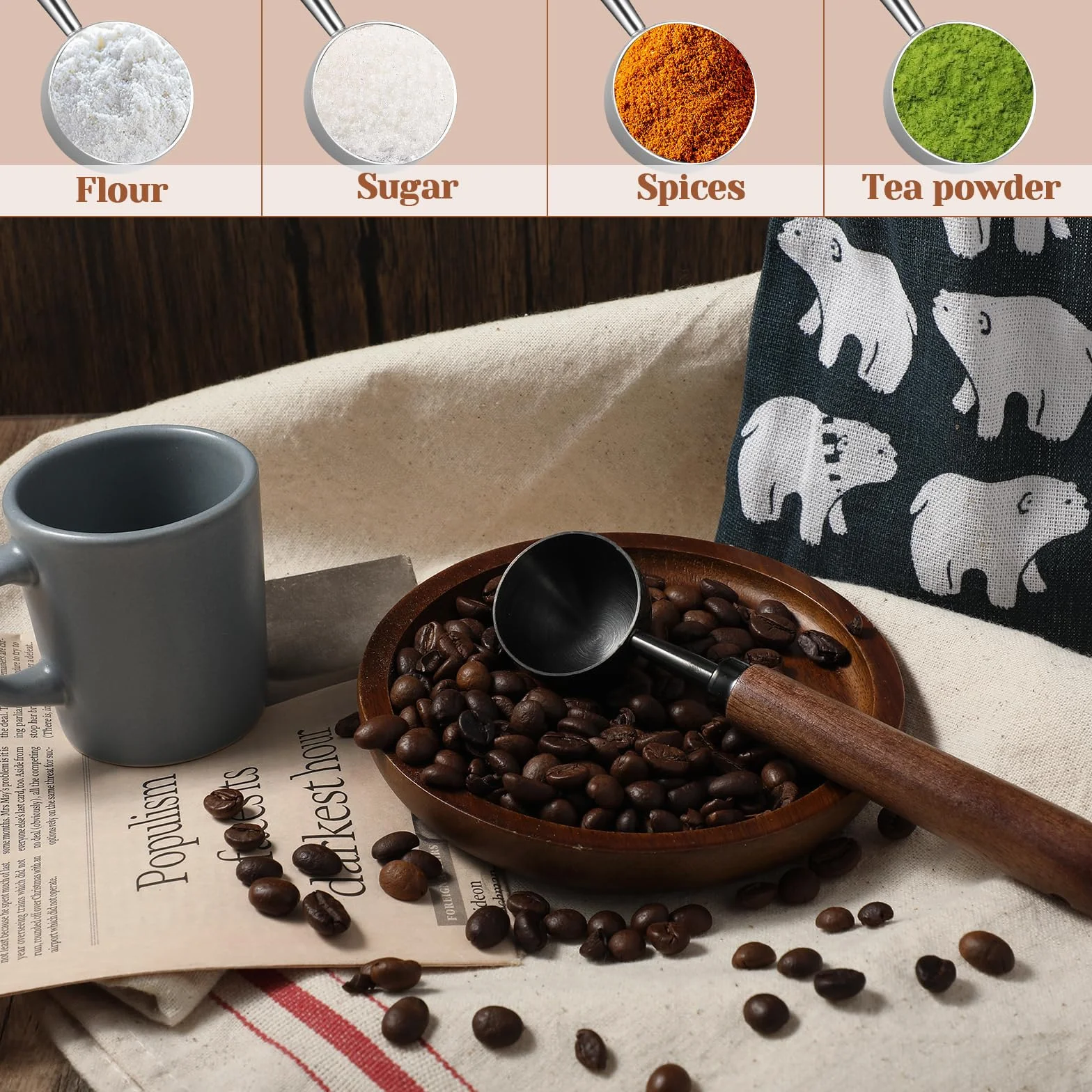 cobee Łyżka do miarki kawy, łyżka do kawy ze stali nierdzewnej 304, pojemność 10 g, miarka do espresso z długim drewnianym uchwytem, miarka do przyrządu kuchennego do miarki (czarna)