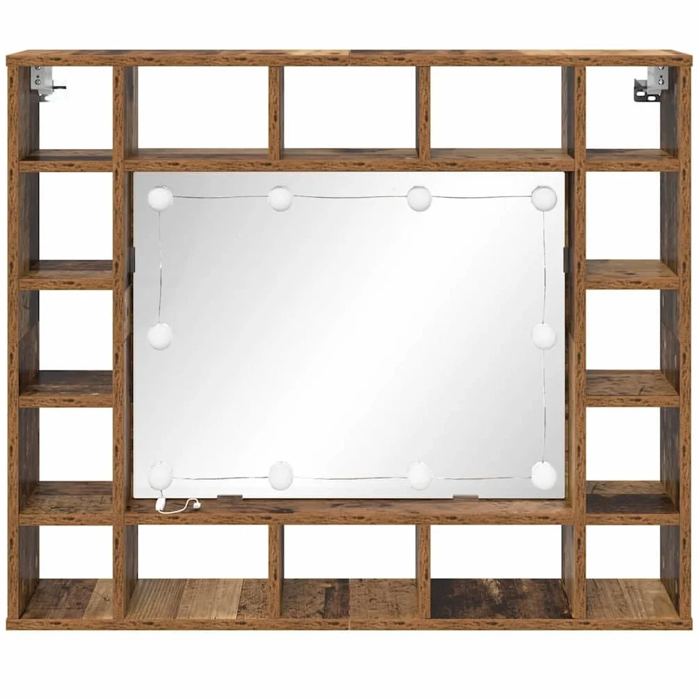 Szafka z lustrem stare drewno, 91 x 15 x 76,5 cm, materiał drewnopochodny ze zintegrowanym oświetleniem LED, miejsce do przechowywania, montowana na ścianie, do łazienki, korytarza, nowoczesne