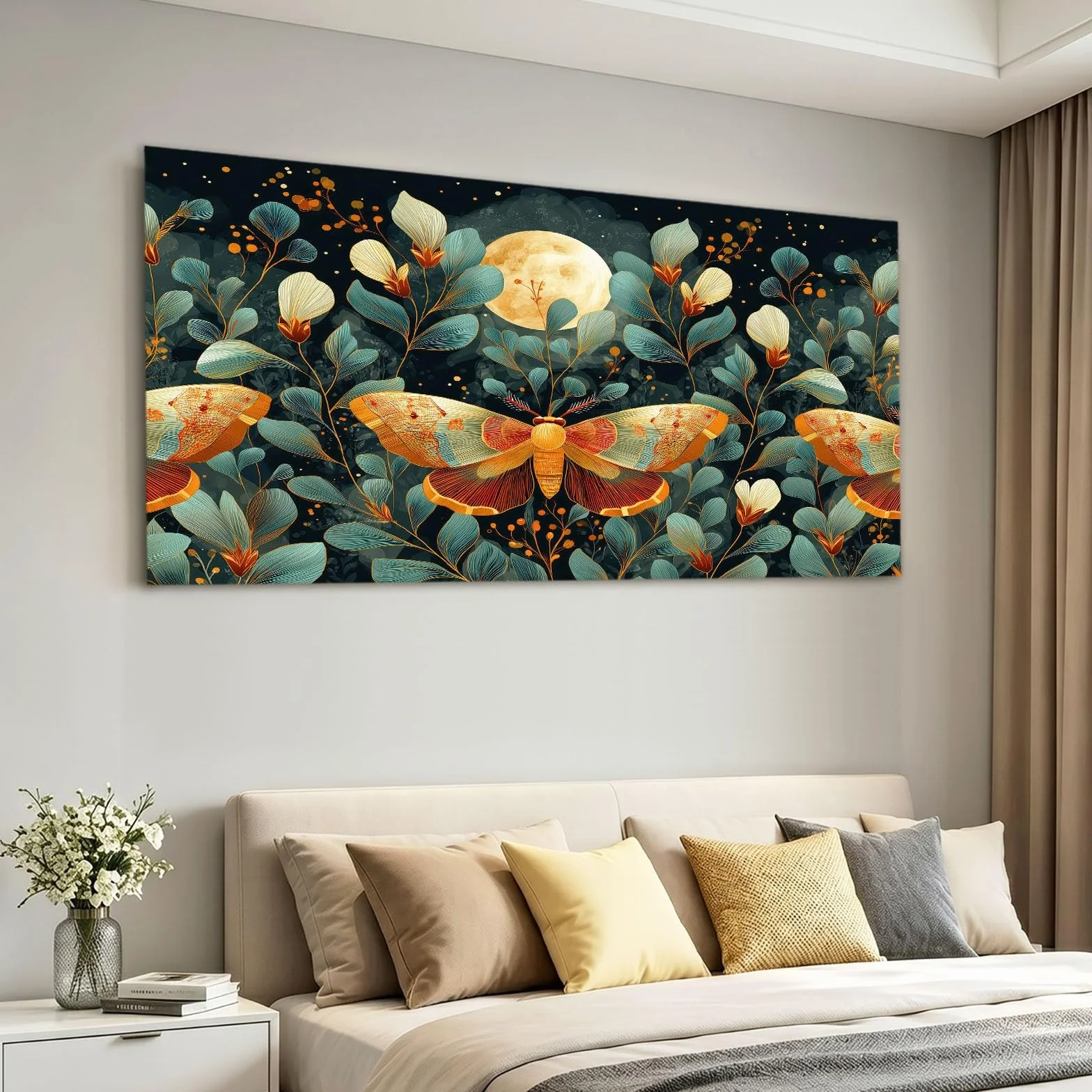 Obraz ścienny fantazyjny obraz roślinny obraz na płótnie - płótno ścienne 120 x 80 cm, wydruk na płótnie z motylem, liśćmi księżyca, oprawiona sztuka ścienna do salonu i sypialni, dekoracja ścienna