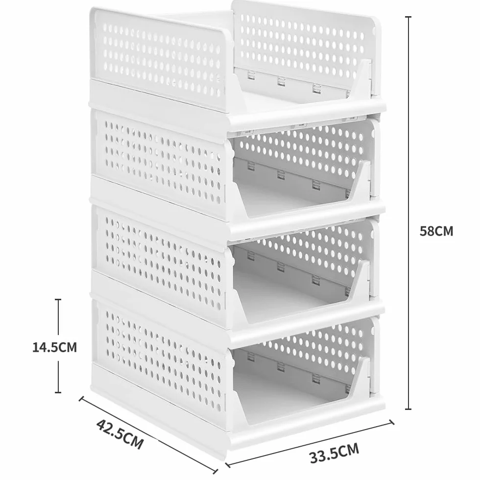 Zestaw 4 szuflad zajmujących mało miejsca - organizer do układania w stos, szuflada z tworzywa sztucznego, torba do przechowywania, na kołdry i zabawki 33,5 x 43 x 56 cm, (2 szt.) Biały