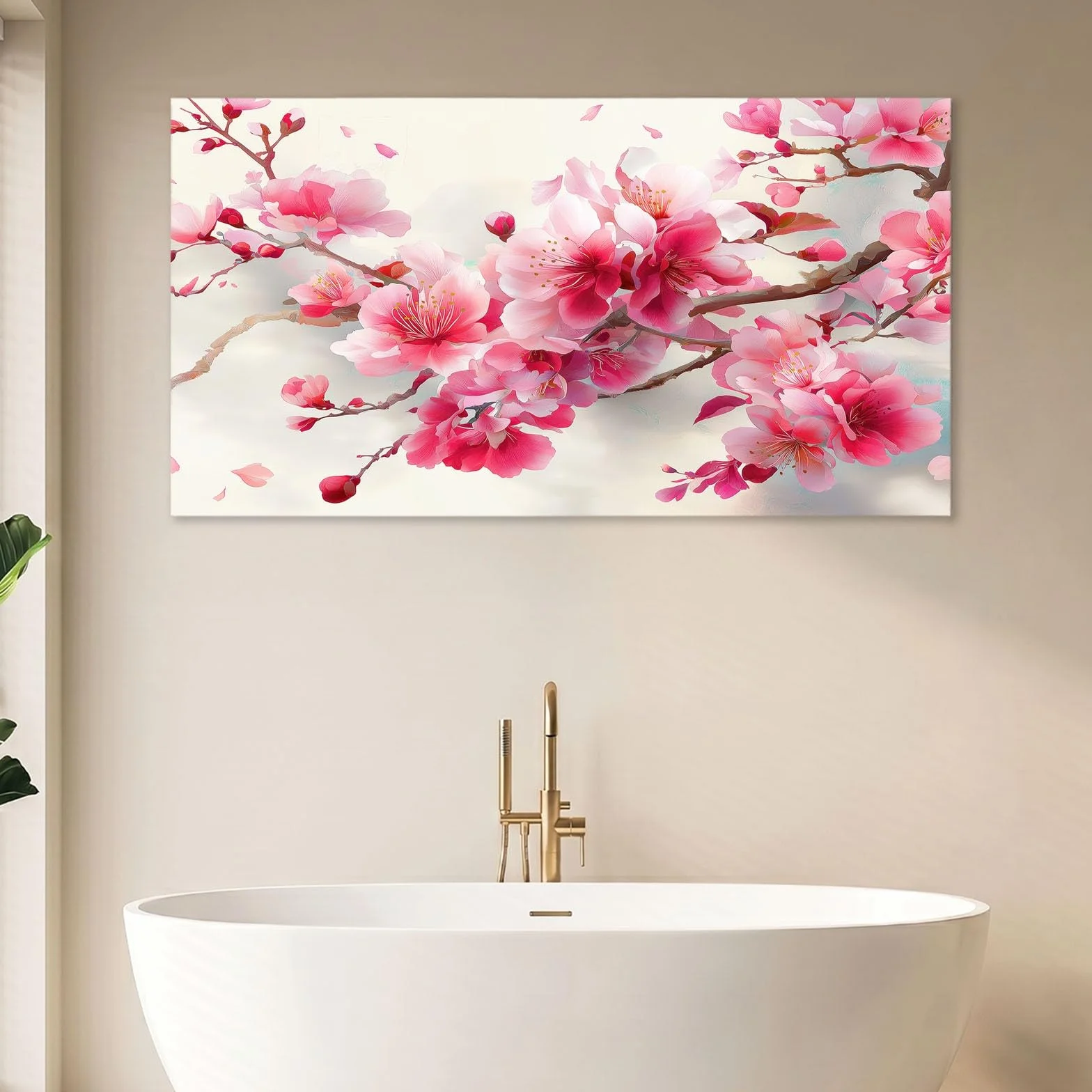 Obraz ścienny orientalny chiński obraz na płótnie - obraz na płótnie 140 x 70 cm, wydruk na płótnie z gałązką kwiatową, oprawiona sztuka ścienna do salonu i sypialni, dekoracja ścienna, różowy