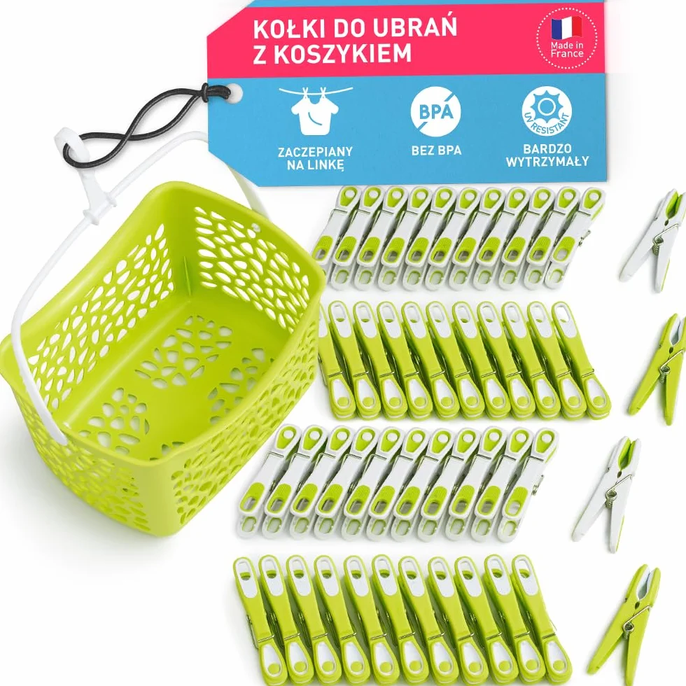 culiclean Klipsy do ubrań Ecoline z koszykiem (48 sztuk z koszykiem zielono-biały/biało-zielony koszyk zielony uchwyt biały) Klamerki