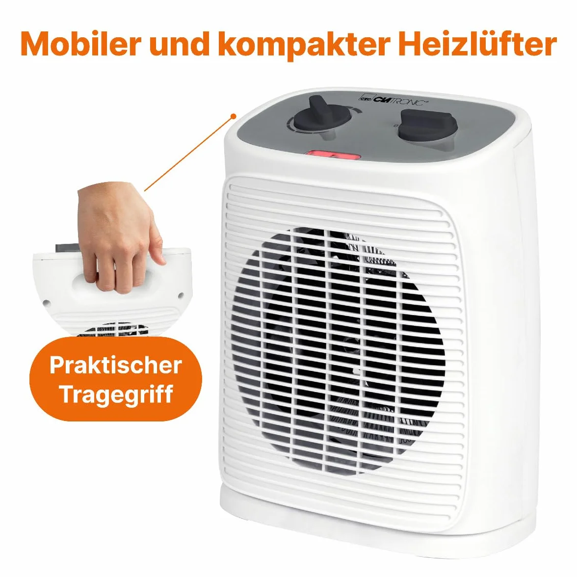 Clatronic HL 3800 grzejnik z funkcją wentylatora | ogrzewanie elektryczne z bezstopniową regulacją termostatu i 2 stopniami ogrzewania | grzejnik oscylujący | grzejnik do łazienki, kuchni, garażu