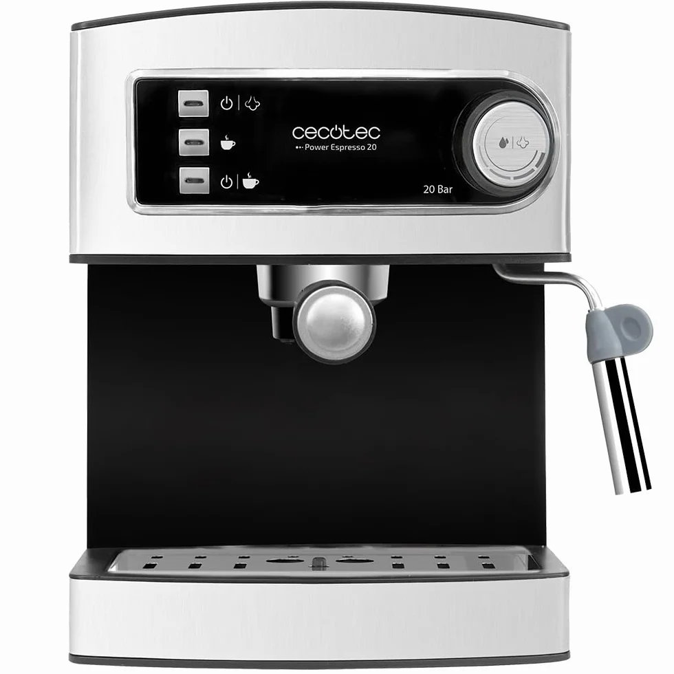 Cecotec Ekspres do kawy Espresso i Cappuccino Power Espresso. 20 barów ciśnieniowych, regulowany parowiec, ramię z podwójnym wyjściem, podgrzewacze, pojemność 1,5 l, w zestawie łyżka do prasy