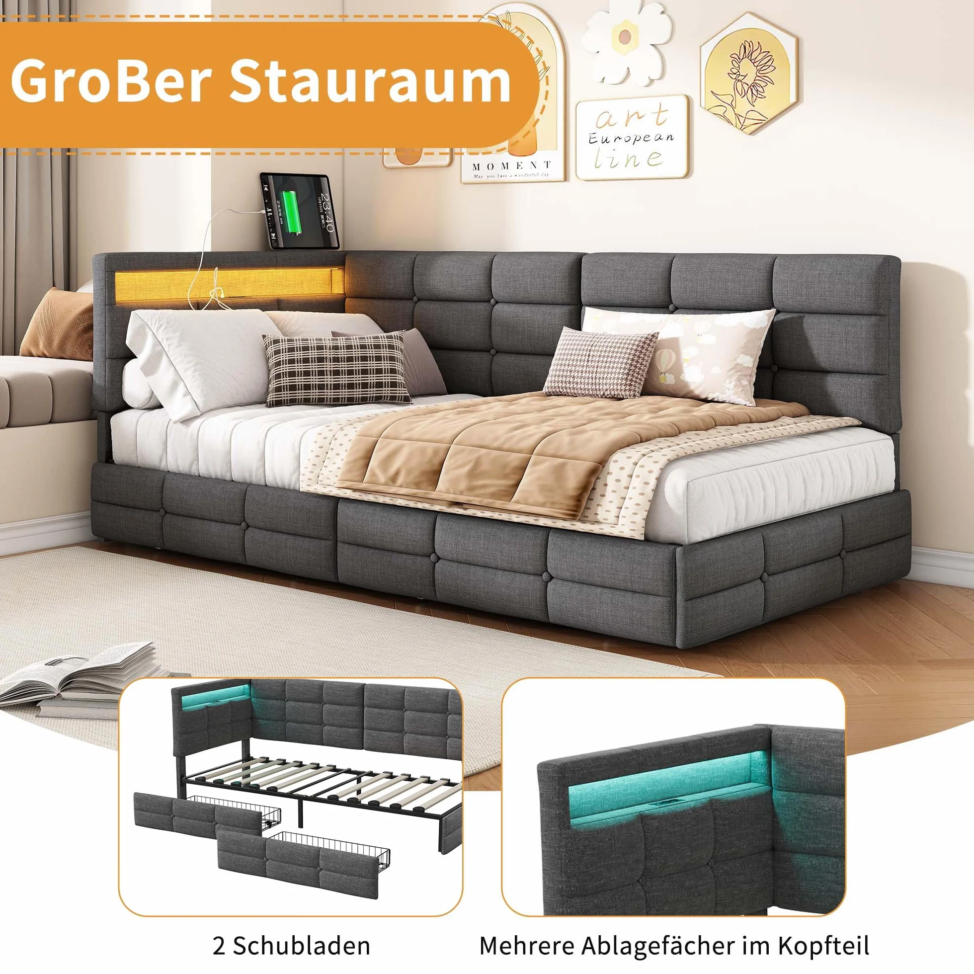 Łóżko 90 x 200 cm, z miejscem do przechowywania, tapicerowane, młodzieżowe, 90 x 200 cm, z diodami LED i USB, sofa z szufladami, pojedyncze łóżko dzienne ze stelażem, łóżko narożne, len, szare