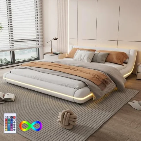 vutizal Łóżko podłogowe 160 x 200 cm z oświetleniem RGB LED sterowanym za pomocą aplikacji, nowoczesne płaskie łóżko z pilotem zdalnego sterowania i oświetleniem otoczenia | w kolorze białym, łącznie