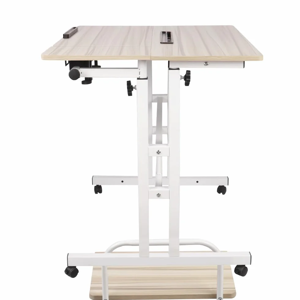 Biurko komputerowe z regulacją wysokości Stół na laptopa z kółkami, mobilny stół biurkowy na komputer stacjonarny stolik na laptopa, 102 x 60 x 67-115 cm, biały klon