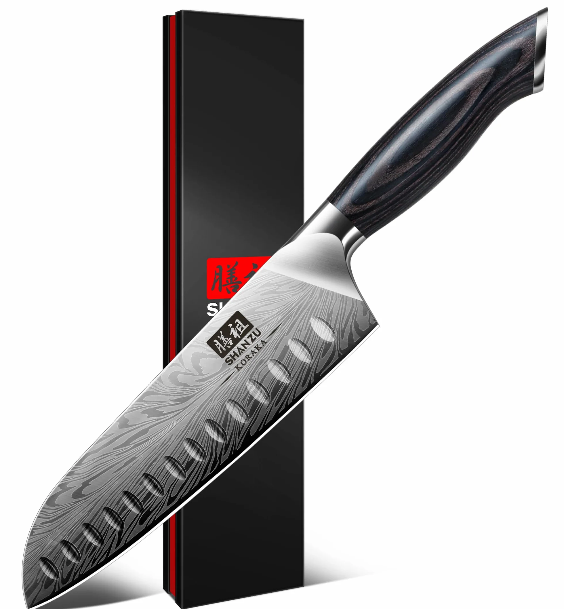 SHAN ZU Nóż Santoku ze stali w proszku, 18 cm profesjonalna kuchnia kuchnia japońska super ostra twarda stal nóż Santoku nóż do warzyw i mięsa, ergonomiczny uchwyt drewniany pakka