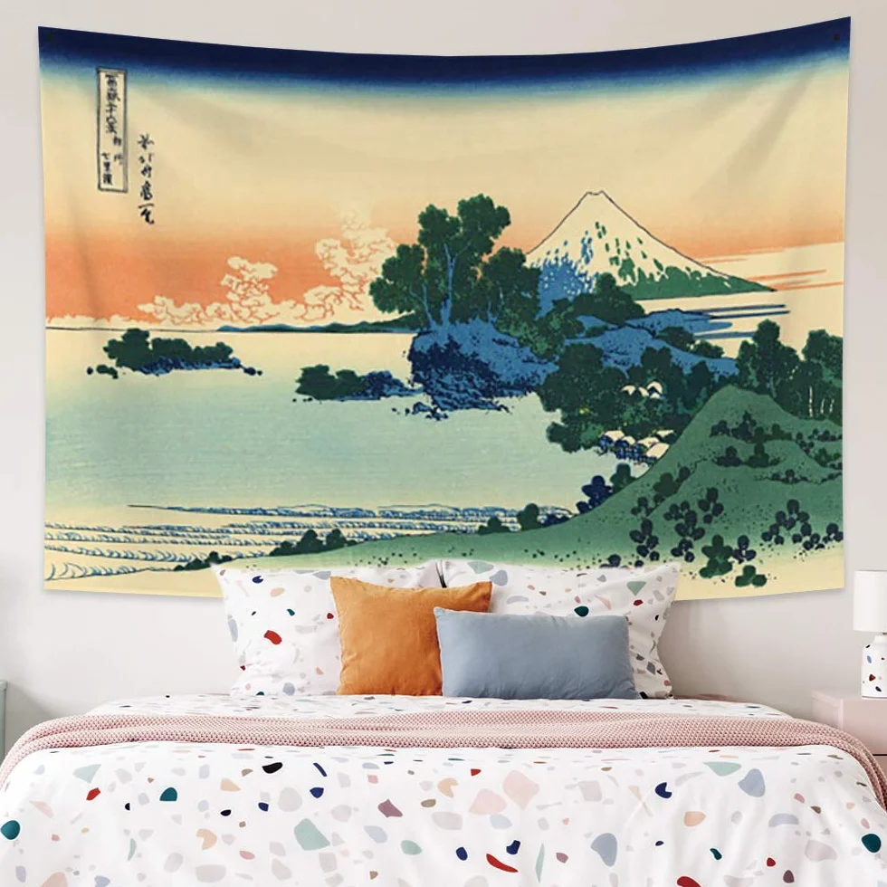 YONGFOTO 150x100cm Gobelin Ukiyo-e Góra Fuji 36 Widoków Wiszący na Ścianę w Pokoju Plaża Shichiri w Prowincji Sagami Krajobraz Sztuka Ściana Malarstwo Japońskie Tradycyjne Wzory Toyo Tapety