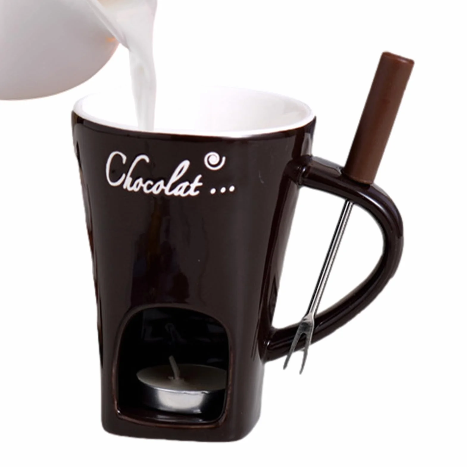 Zestaw do czekoladowego fondue 130 ml, zestaw do czekoladowego fondue, czekoladowy kubek do fondue, ceramiczny czekoladowy kubek do fondue, masło, słodki czekoladowy kubek do fondue z widelcem