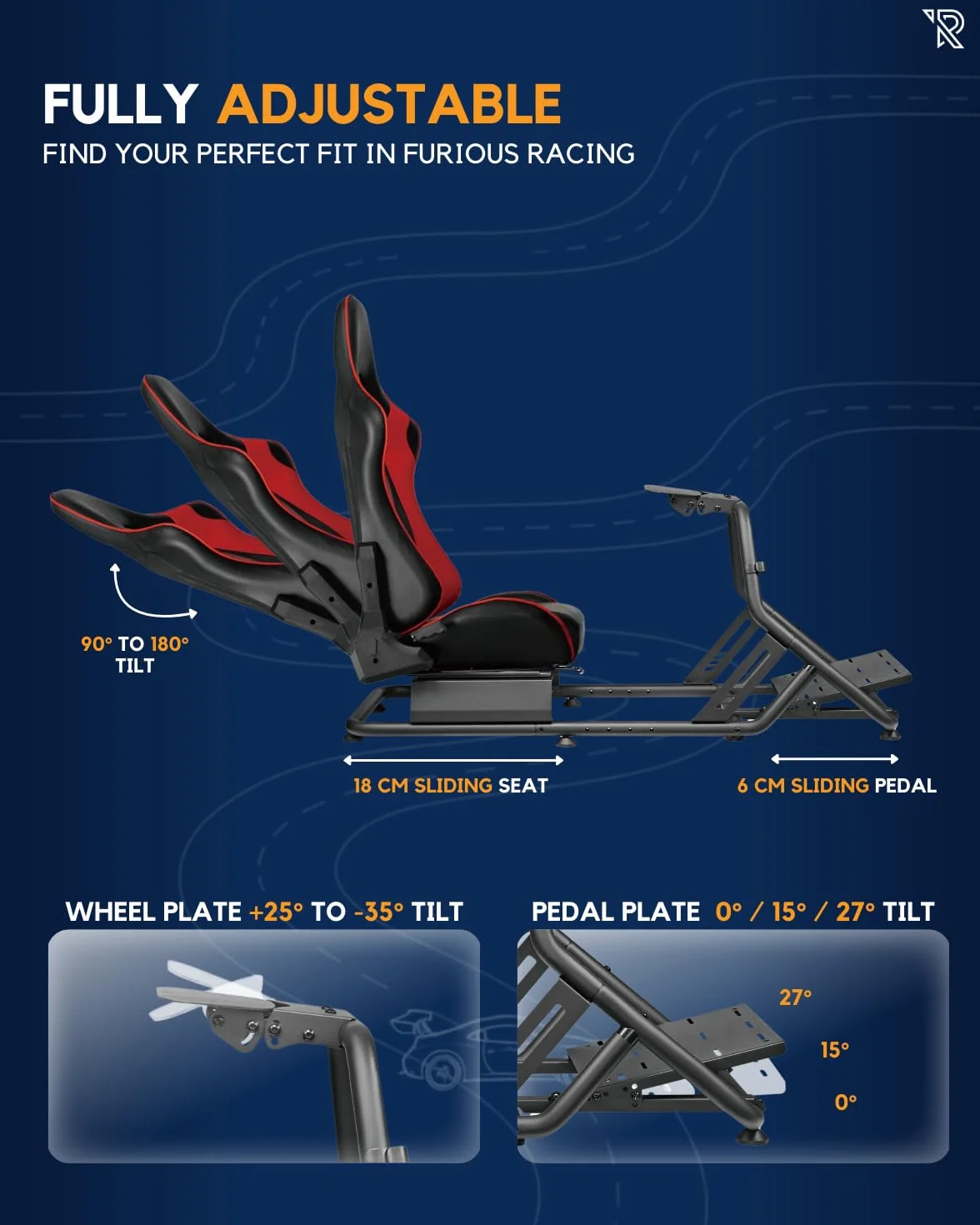 Ranqer Racing Simulator Cockpit - Racing chair with steel frame - Racing Cockpit/Racing Simulator Rhair - Adjustable Backrest for Beginners and Professionals - Metal frame - Simracing cockpit