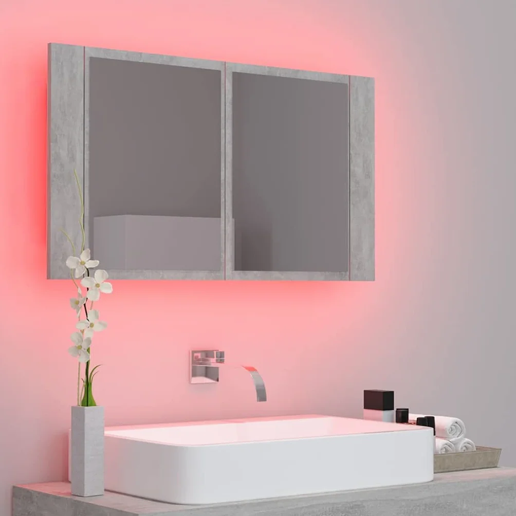 Szafka łazienkowa z lustrem LED, betonowa, szara, 80 x 12 x 45 cm, akryl, szafki i przechowywanie, szafki toaletkowe, szafki łazienkowe