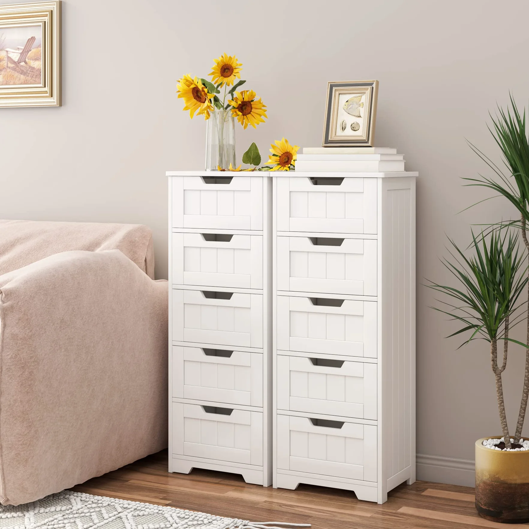 FOREHILL Szafka łazienkowa z 5 szufladami Biała komoda, wąska szafka łazienkowa 40x30x102 cm