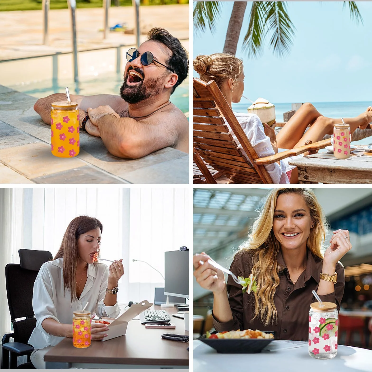 KATIMI Szklany kubek z kwiatami z pokrywką i słomką: 2 sztuki, 473 ml. Szklane kubki do bubble tea, kubeczki do lodów z pokrywką i słomką, różowy kubek z pokrywką i słomką do bubble tea, koktajlu