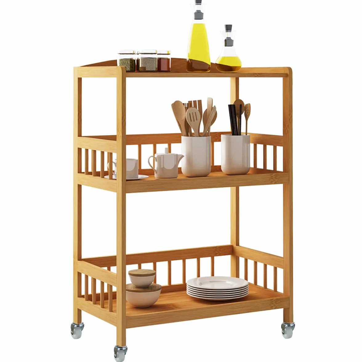 sogesfurniture KS-ZC05-BH Bambusowy wózek do serwowania do kuchni, 3-poziomowa półka do przechowywania, wózek do serwowania na kółkach, do restauracji