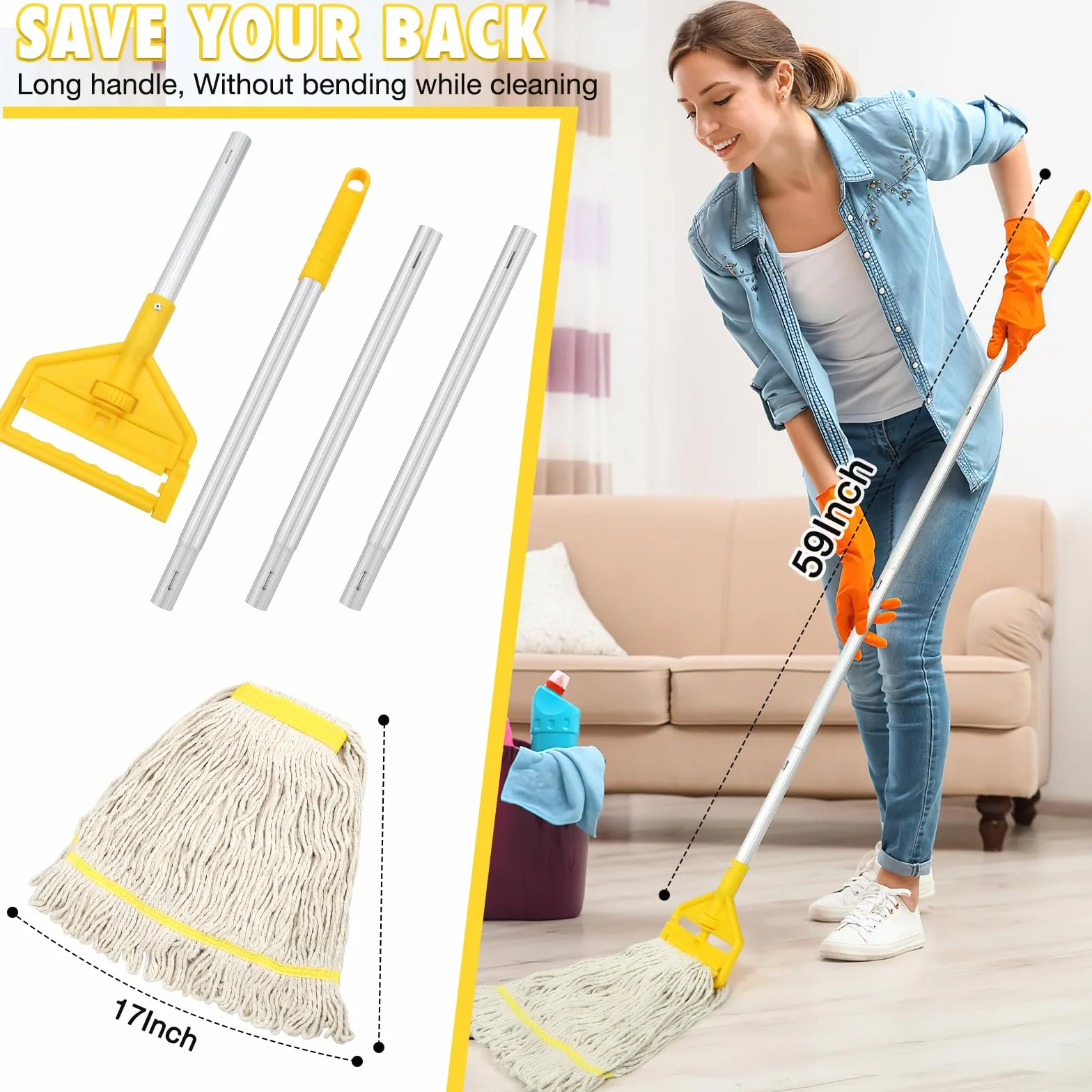 Mop komercyjny, wytrzymały, przemysłowy, bawełniany mop z długim uchwytem, pętelkowy sznurek, mopy do mycia na mokro do domu, garażu, biura, warsztatu, czyszczenia podłóg magazynowych.