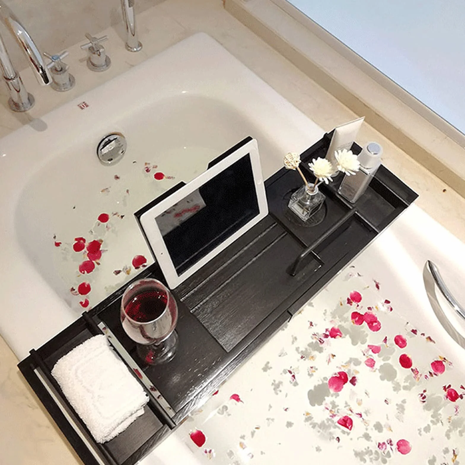 Bambusowa taca łazienkowa, regulowany stojak na wannę z funkcją teleskopową (75-110 cm), elegancka dekoracja łazienki do przechowywania w domu, hotelu i łazience (czarny)