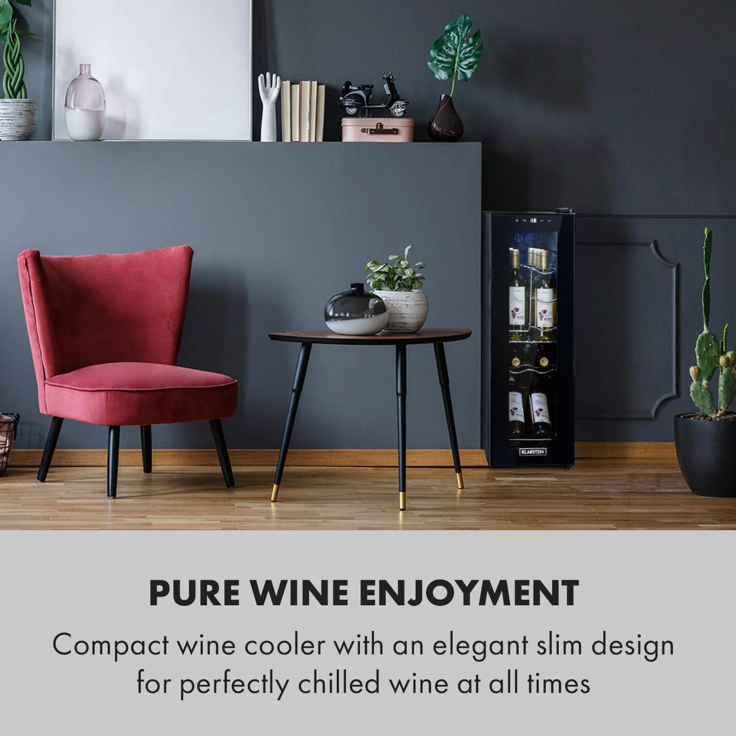 Klarstein Shiraz, chłodziarka do wina - mini lodówka, lodówka do wina, winiarka, kompaktowa chłodziarka na wino, przejrzysty dotykowy panel, led oświetlenie wnętrza, kolor czarny, wariant: 32l, 12 butelek