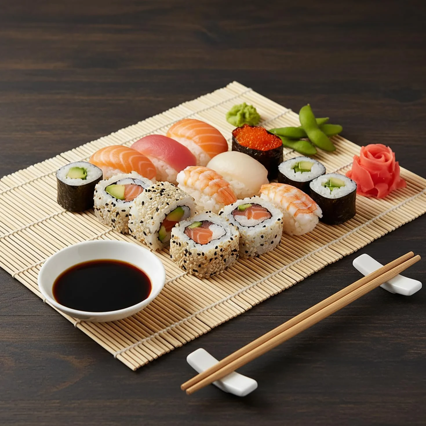 com-four® 7 czesciowy zestaw sushi – z bambusowa mata, paleczkami, ceramicznymi miseczkami i podstawkami – azjatycka zastawa do sosu sojowego, wasabi i dipów (7-czesciowy zestaw sushi)