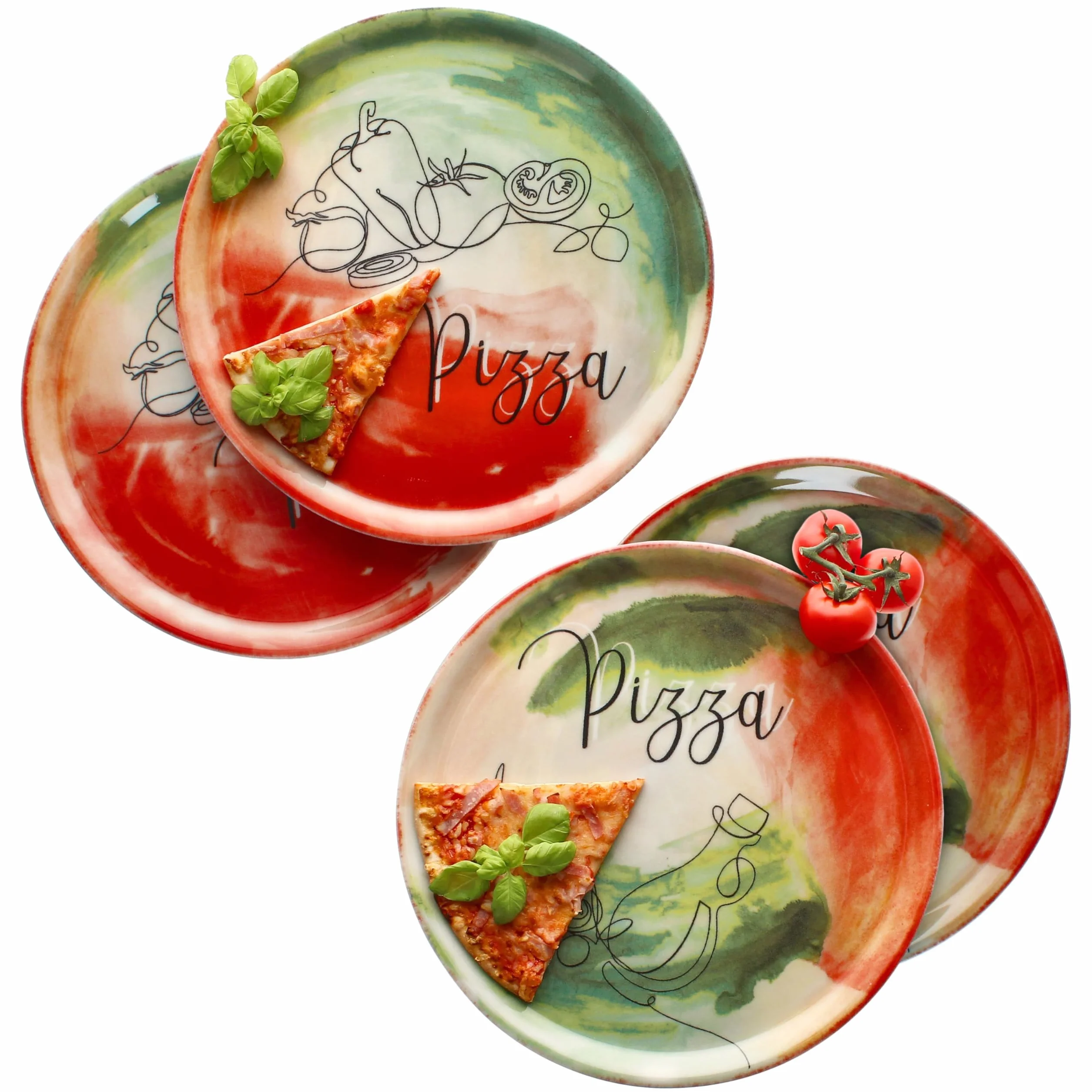MamboCat Zestaw 4 talerzy do pizzy z warzywami i olejami, Ø 31 cm, dla 4 osób, duże talerze do pizzy z porcelany z dekoracją i napisem, do pizzy lub do przyrządzania I talerz obiadowy XL, półmisek do
