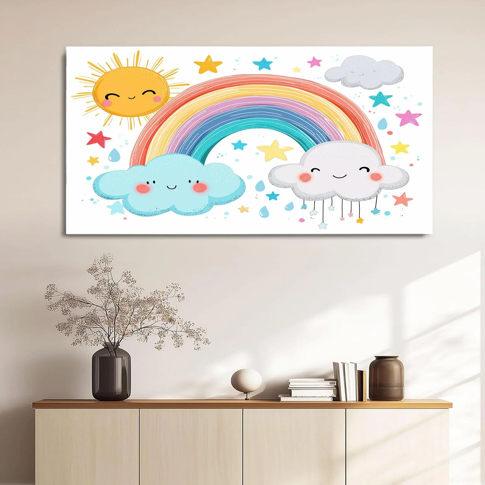 Obrazy na płótnie, kreskówka, 90 x 60 cm, dla dzieci, obrazy ścienne, druk artystyczny, biały, tęcza, słońce, chmury, gwiazdy, panoramiczna dekoracja ścienna do salonu, sypialni